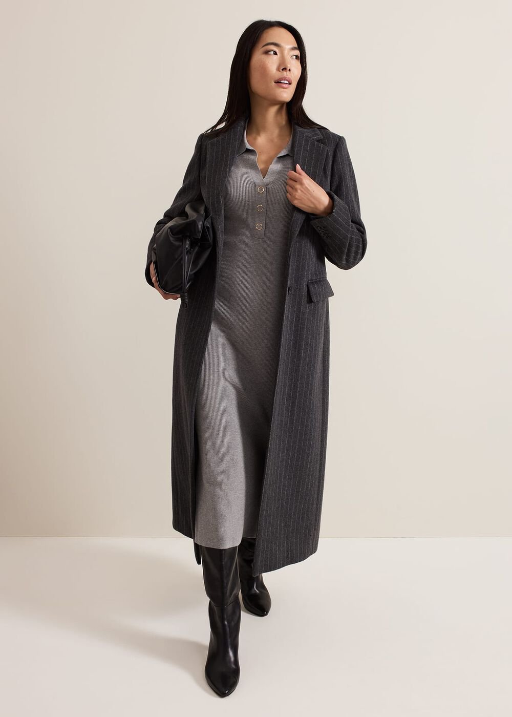 Lucy Collared Popper Column Midi Dress Grey