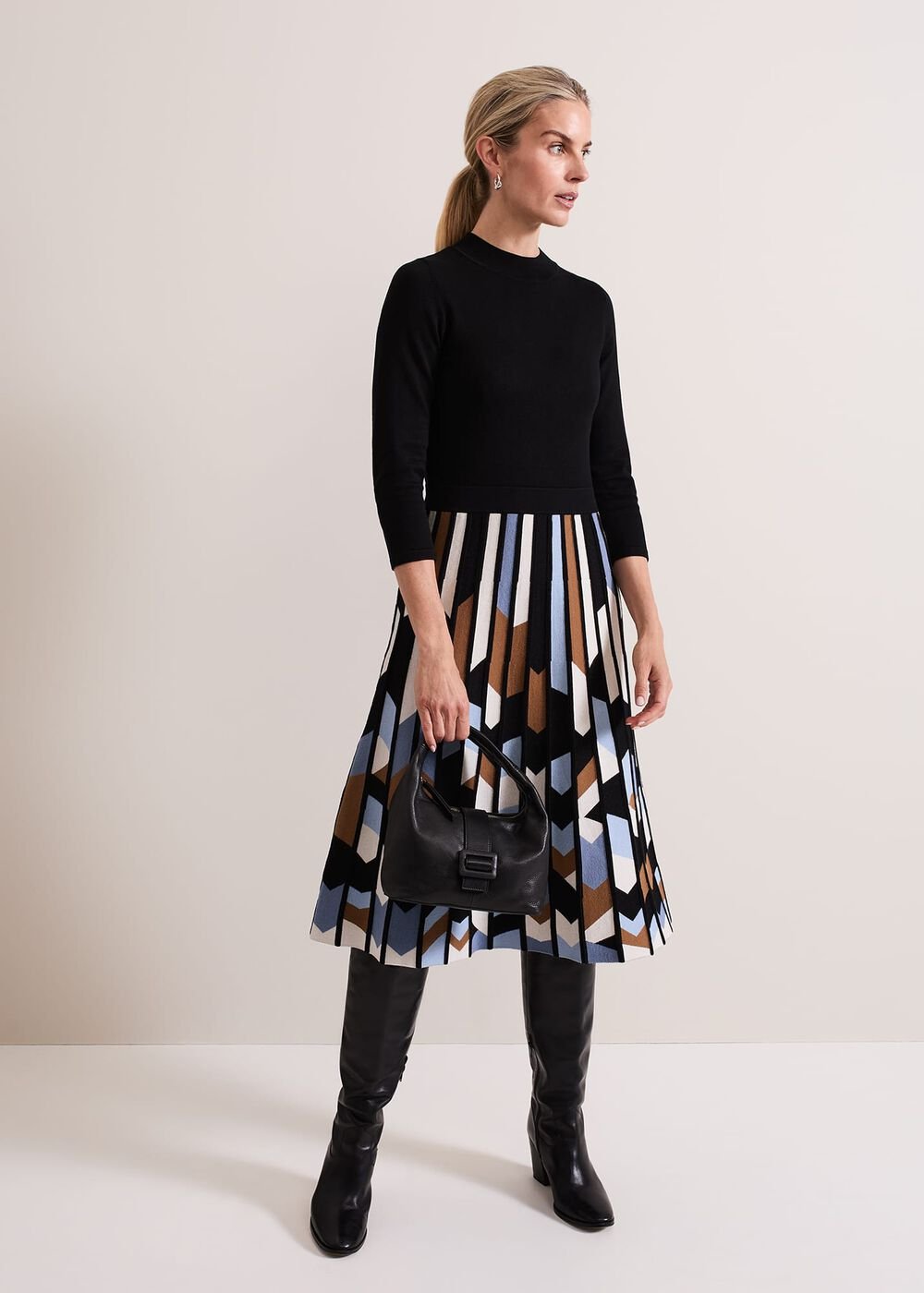 Maci Pleated Sunray Midi Dress Black Multi
