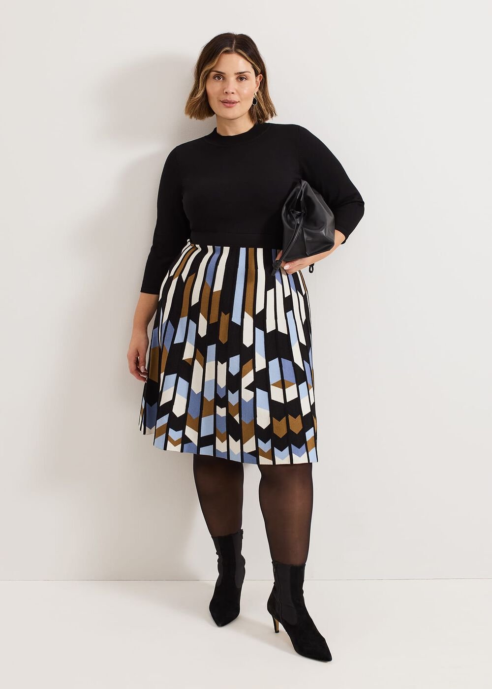 Maci Pleated Sunray Midi Dress Black Multi