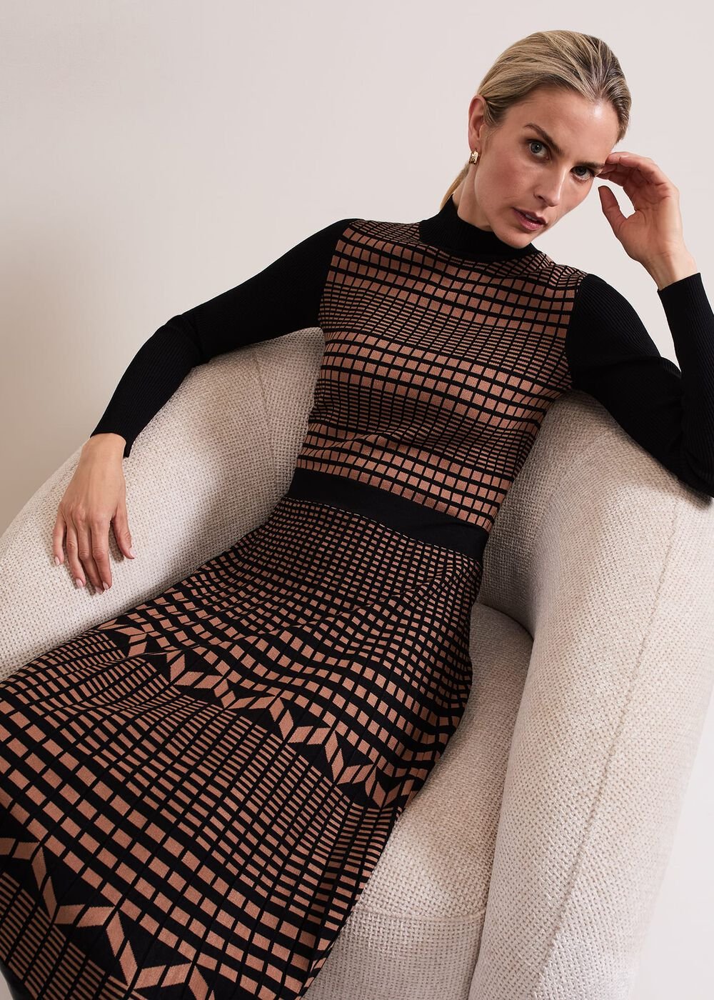 Bethan Geo Jaquard Midi Dress Tan