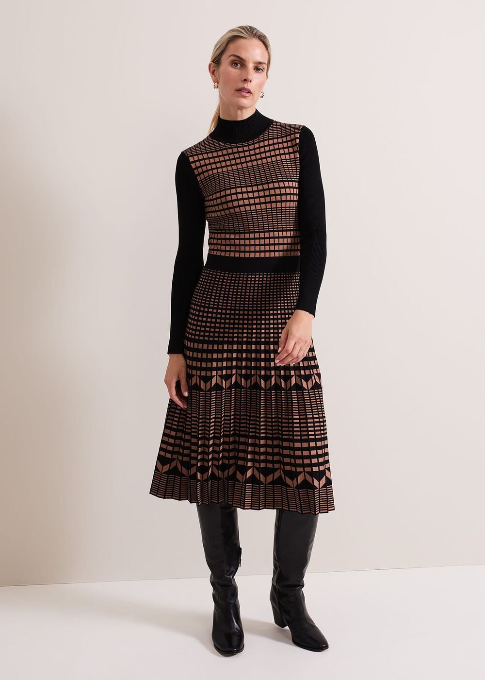 Bethan Geo Jaquard Midi Dress Tan