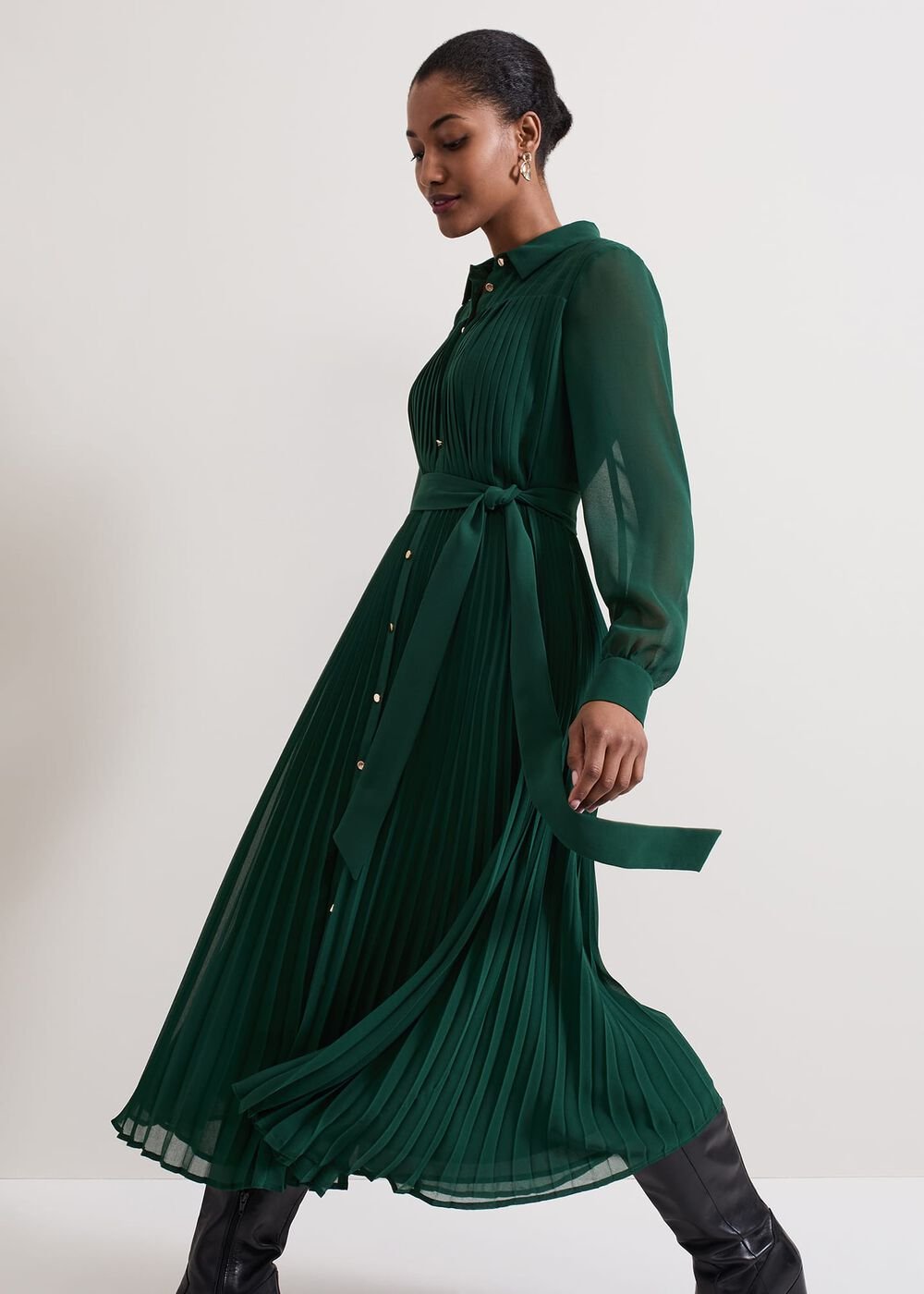 Gabriela Green Pleated Shirt Dress Green