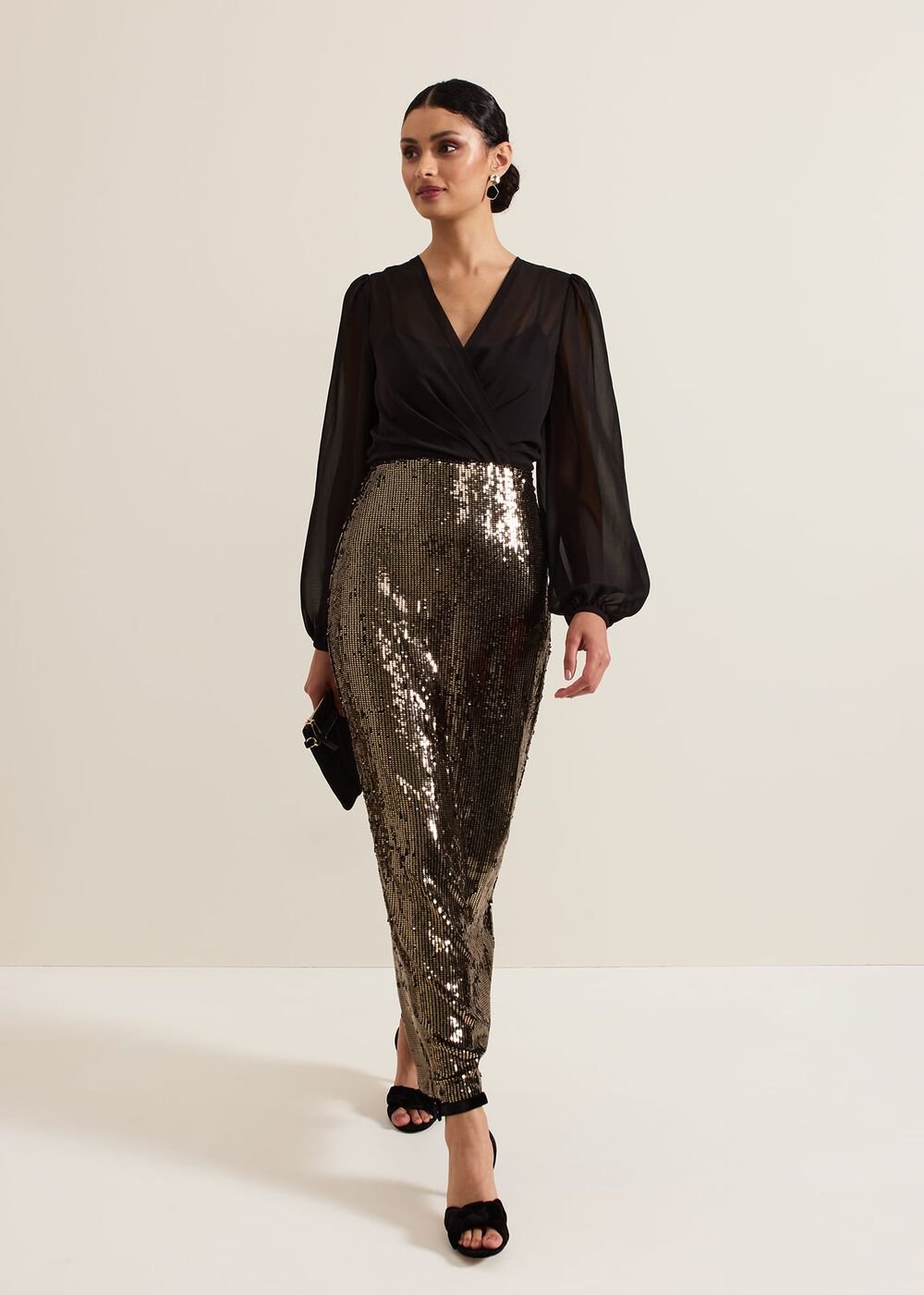 Aniya Sequin Long Sleeved Maxi Dress Black/Multi