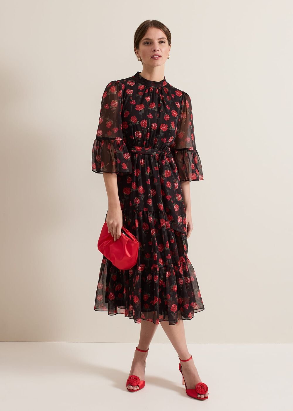 Petite Lela Floral Textured Midi Dress Black/Multi