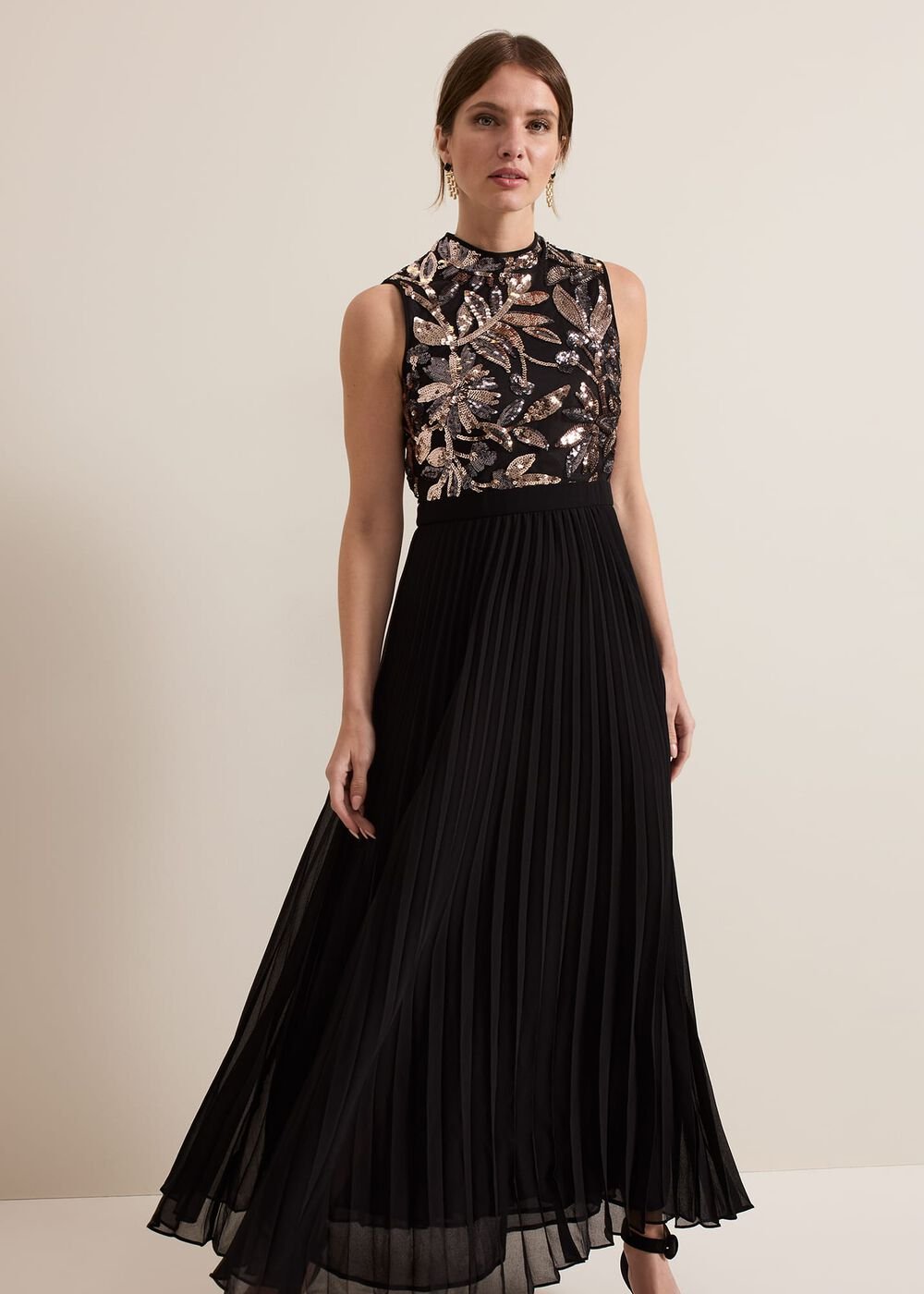 Petite Emalise Sequin Pleat Maxi Dress Black Multi