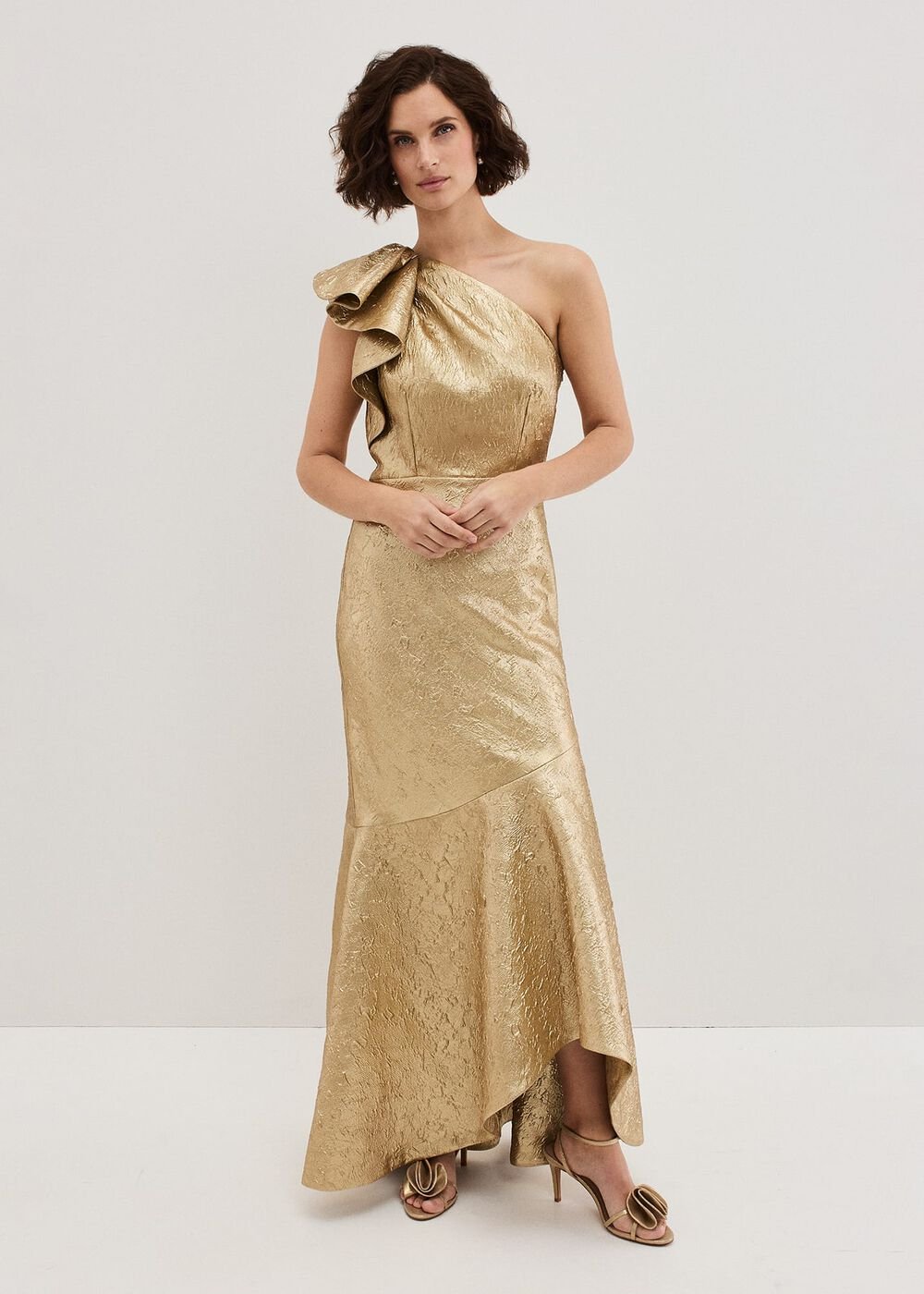 Deniz One Shoulder Jacquard Maxi Dress Gold
