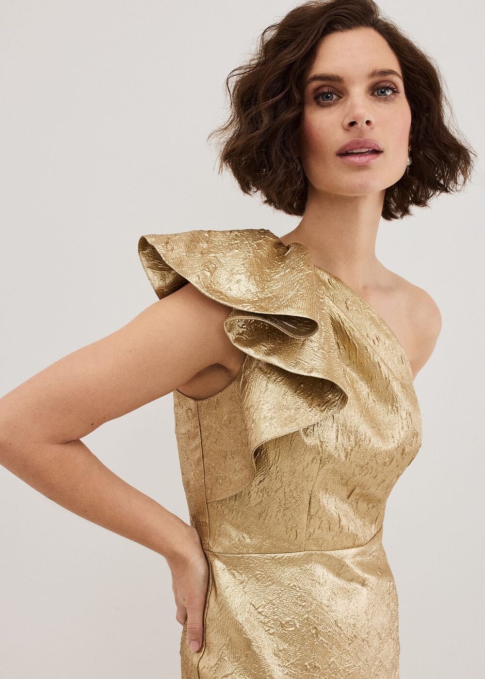 Deniz One Shoulder Jacquard Maxi Dress Gold