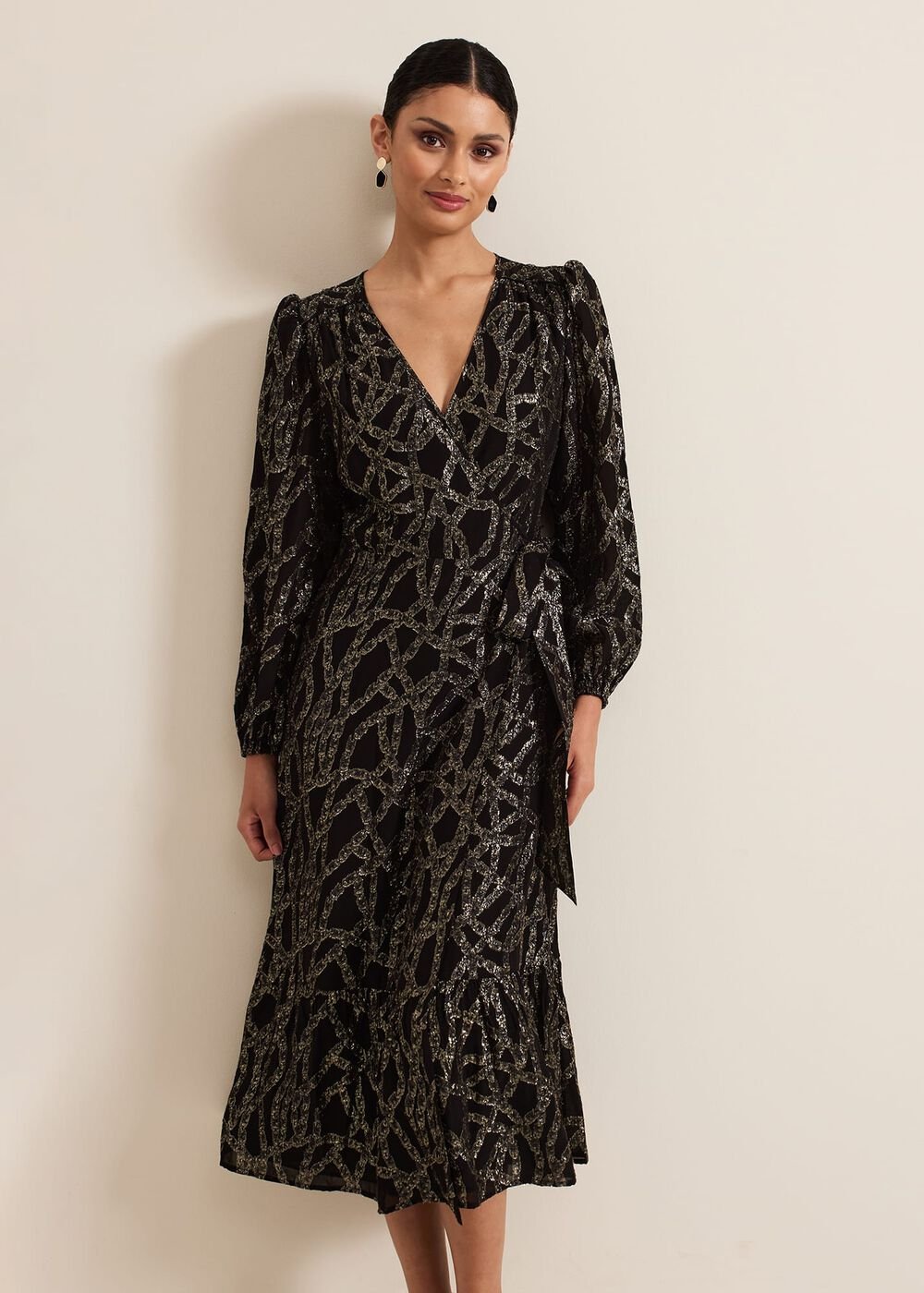 Jazminda Shimmer Wrap Midi Dress Black/Multi