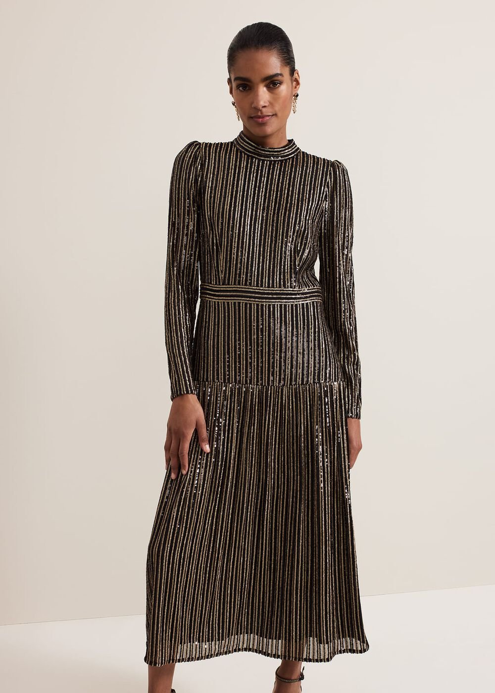 Gloria Sequin Stripe Midi Dress Black/Multi