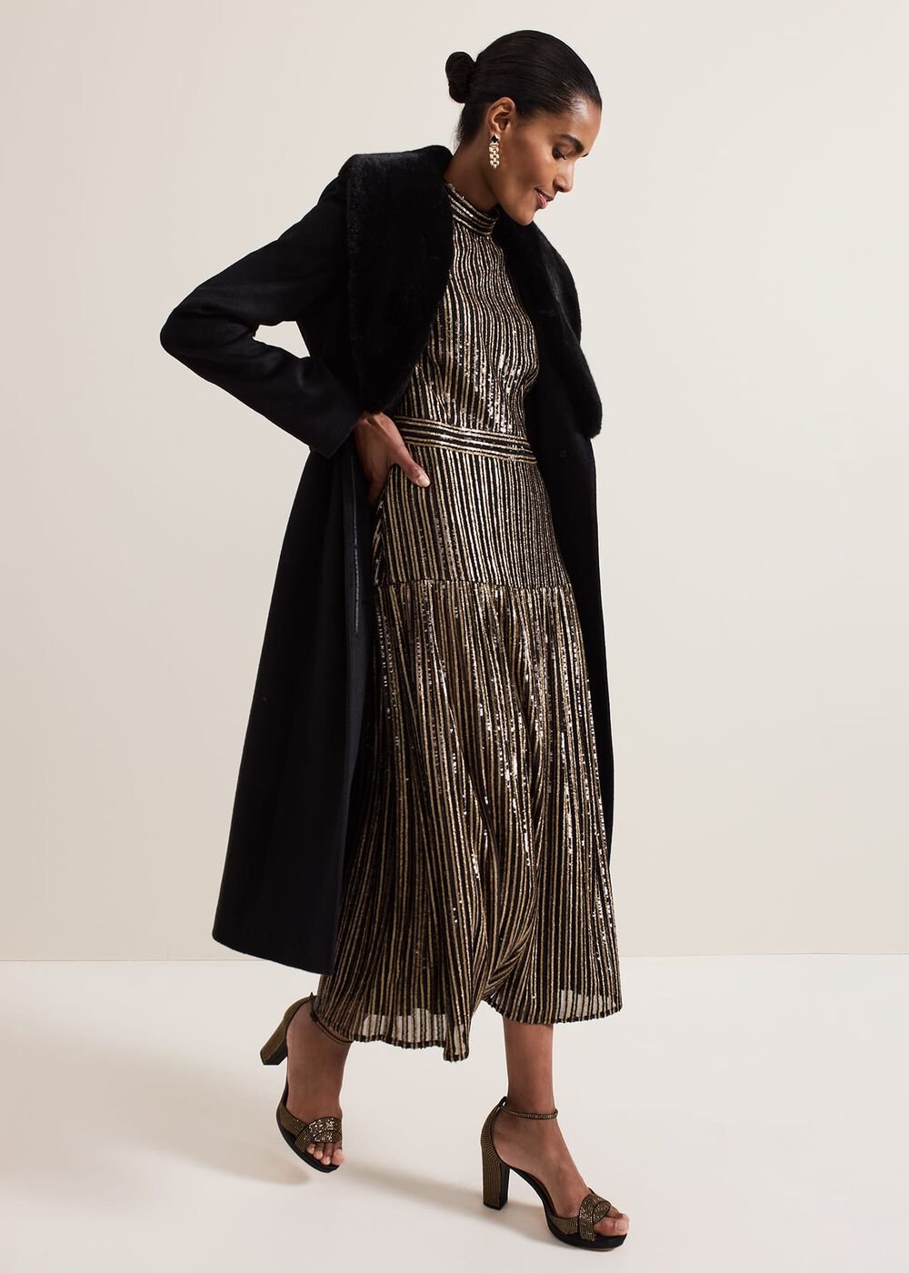 Gloria Sequin Stripe Midi Dress Black/Multi