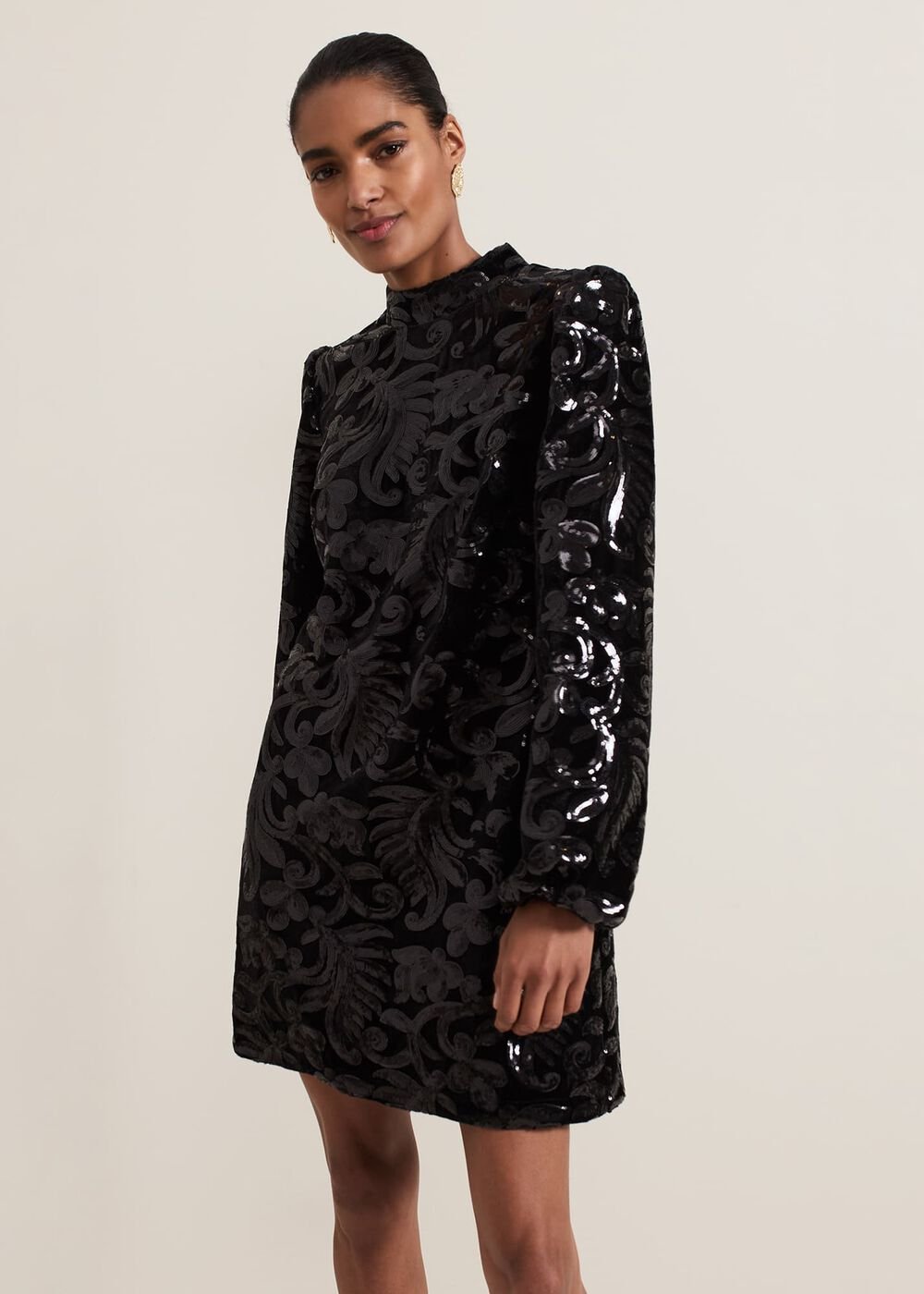 Trudy Black Sequin Velvet Shift Dress Black