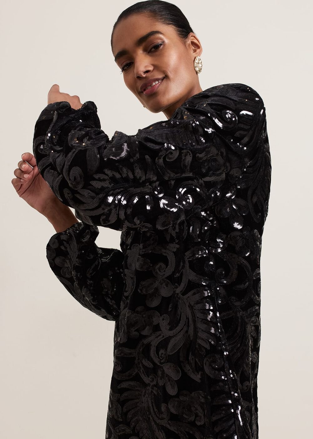 Trudy Black Sequin Velvet Shift Dress Black