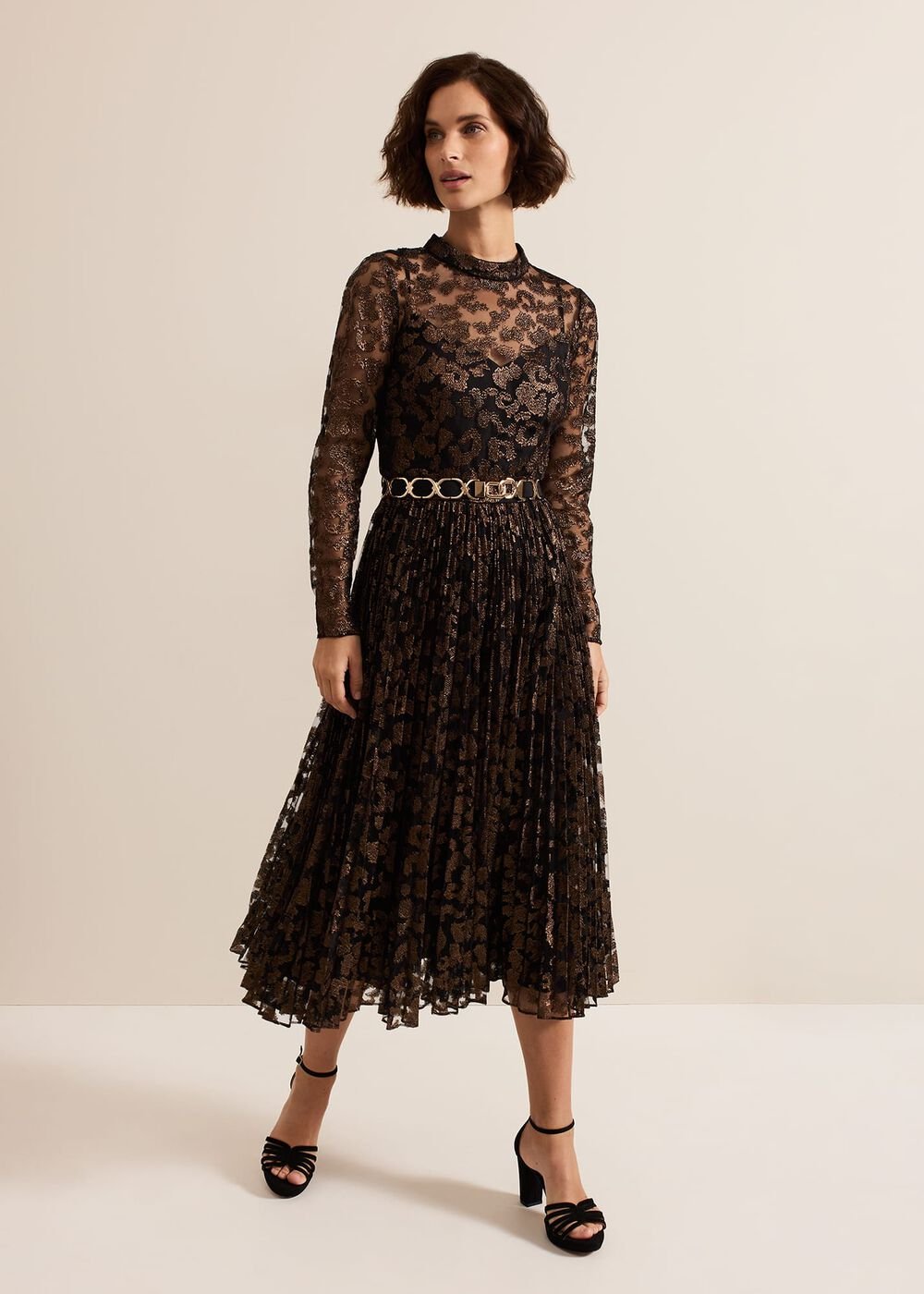 Theodora Leopard Pleat Midi Dress Multi-Coloured