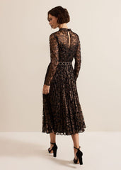 Theodora Leopard Pleat Midi Dress Multi-Coloured