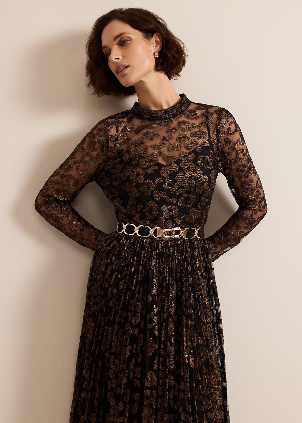 Theodora Leopard Pleat Midi Dress Multi-Coloured