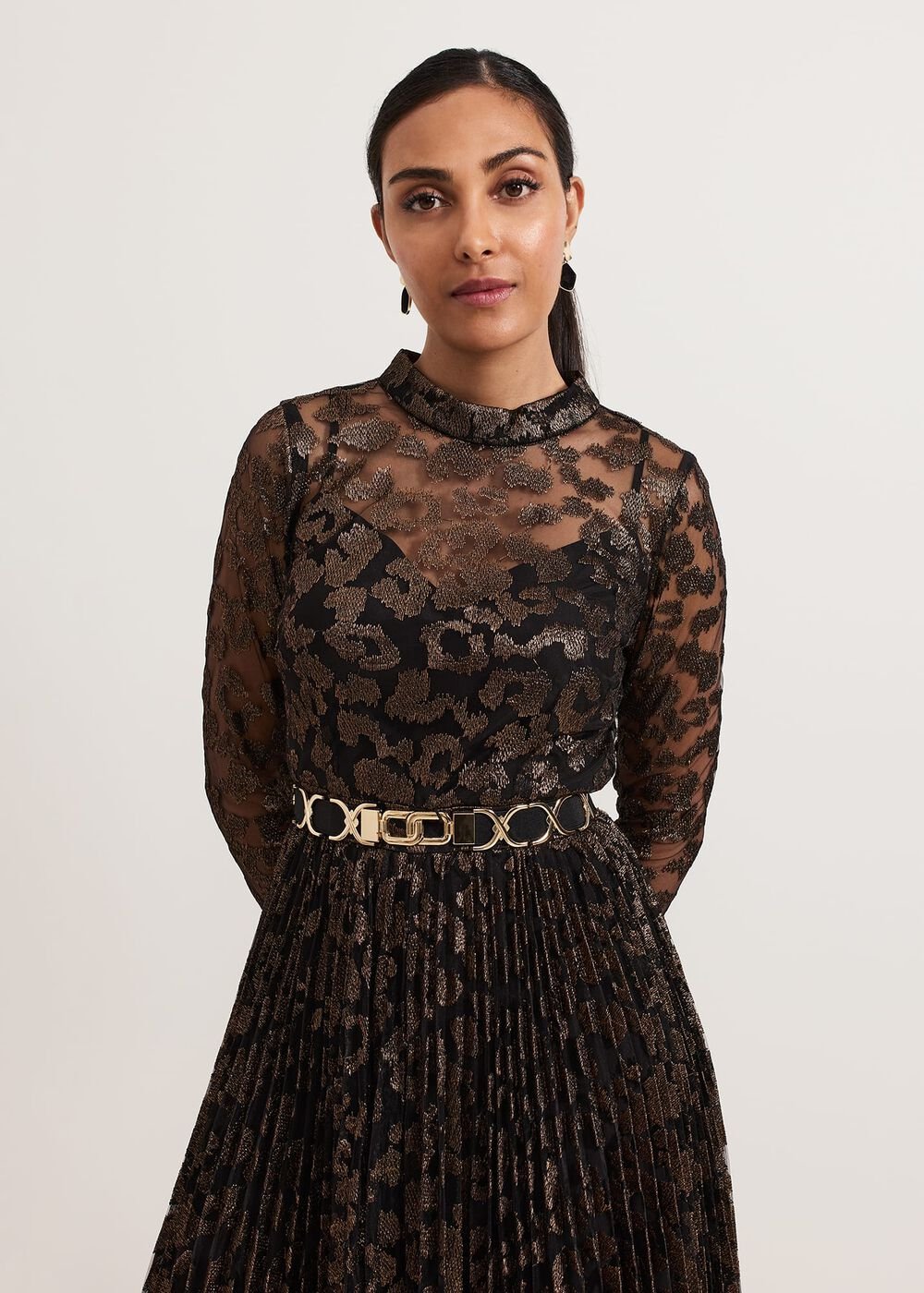 Petite Theodora Leopard Pleat Midi Dress Multi-Coloured