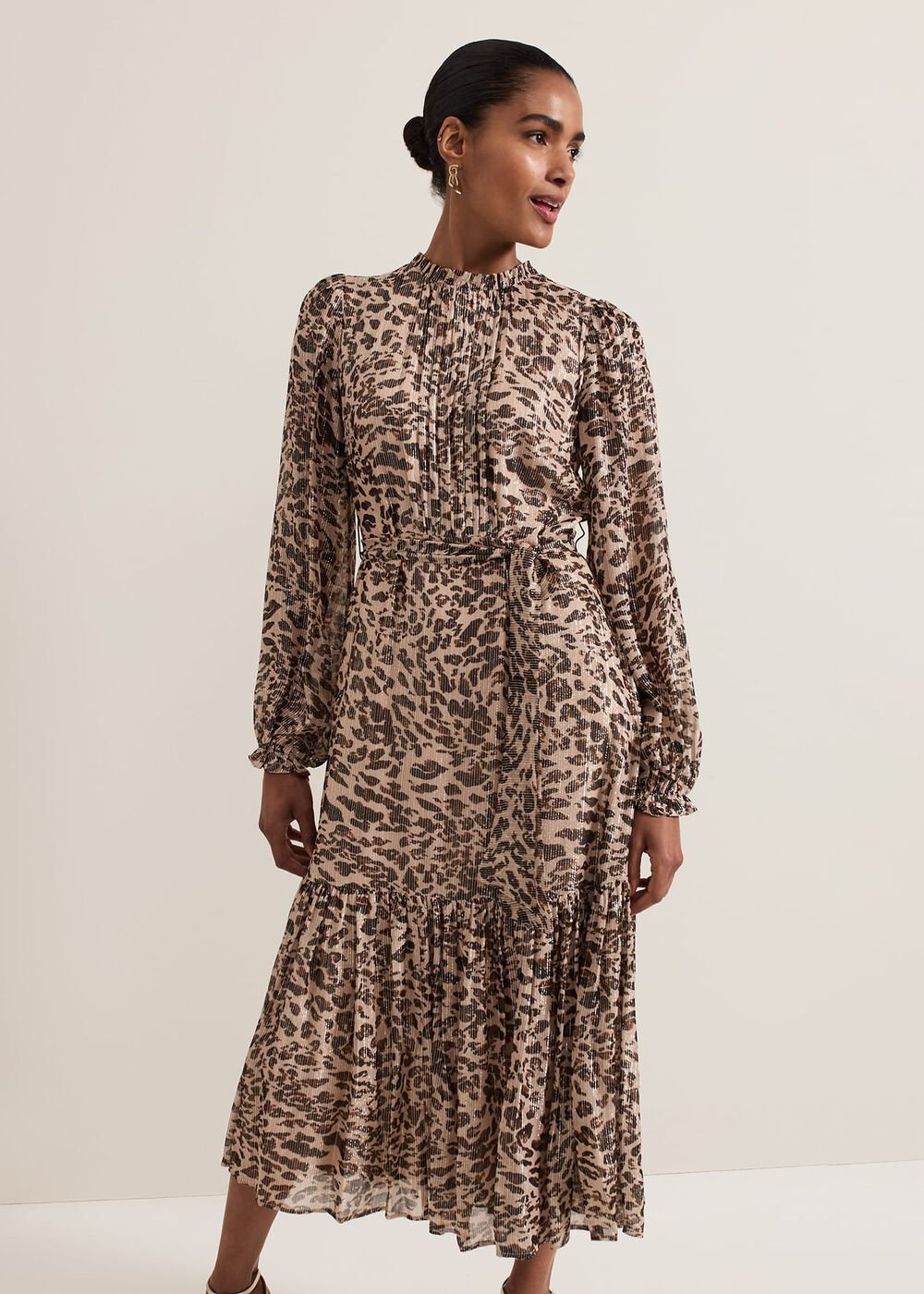 Eve Leopard Print Shimmer Midi Dress Multi-Coloured