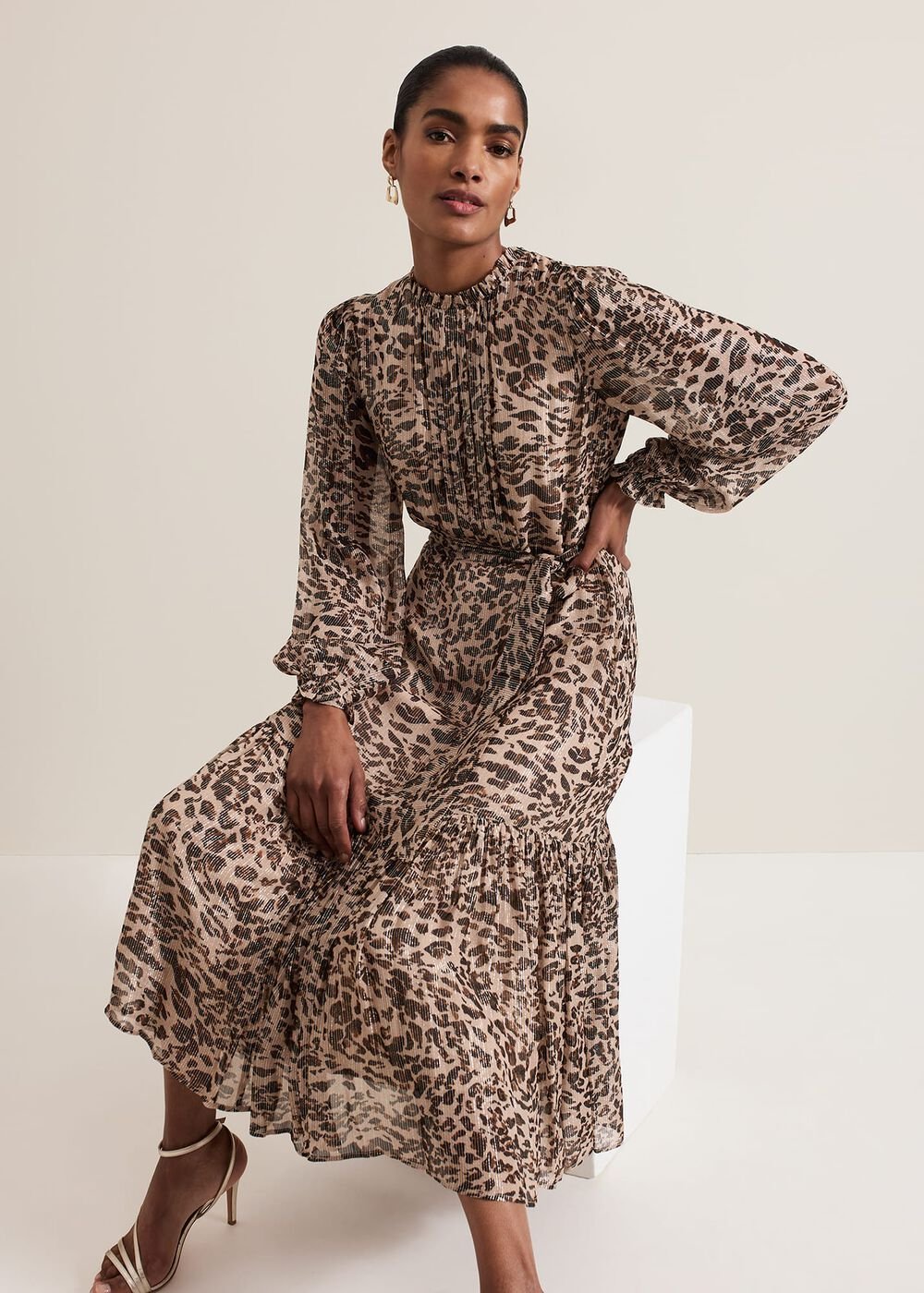 Eve Leopard Print Shimmer Midi Dress Multi-Coloured