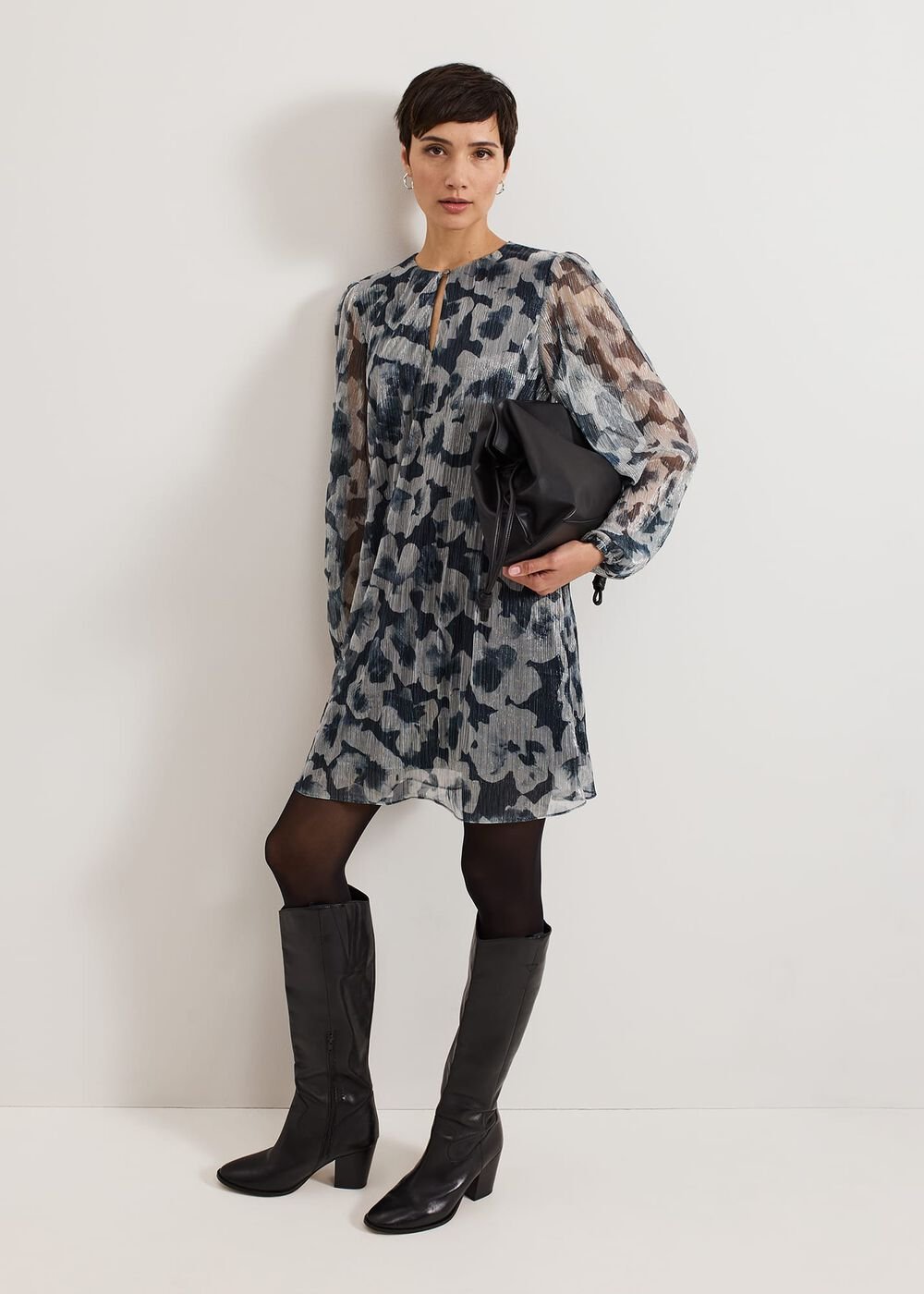 Roma Grey Floral Plisse Midi Dress Grey