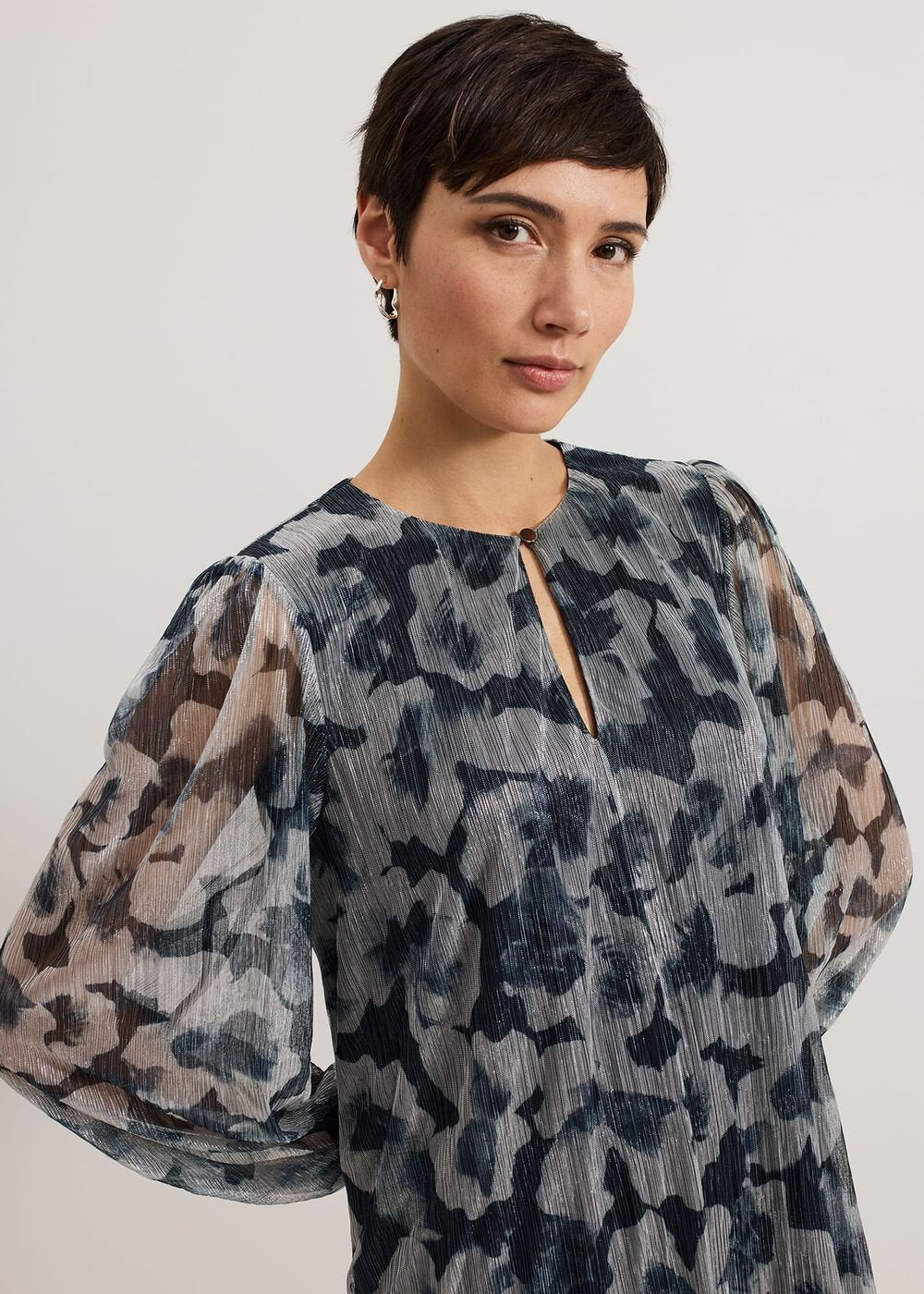Roma Grey Floral Plisse Midi Dress Grey