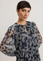 Roma Grey Floral Plisse Midi Dress Grey