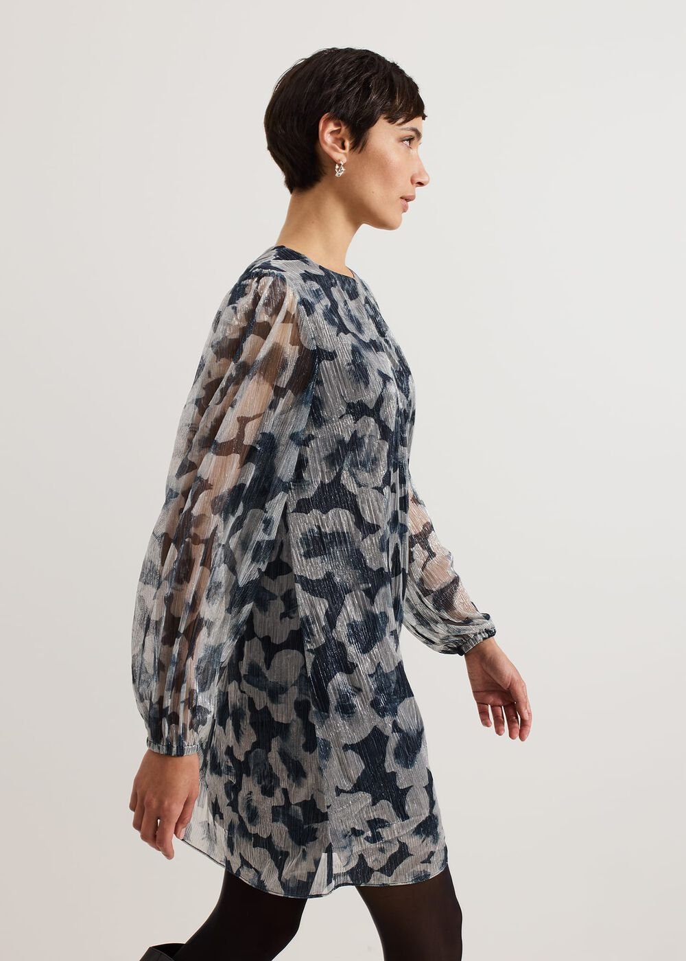 Roma Grey Floral Plisse Midi Dress Grey