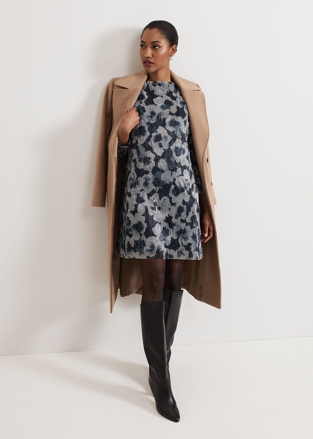Roma Grey Floral Plisse Midi Dress Grey