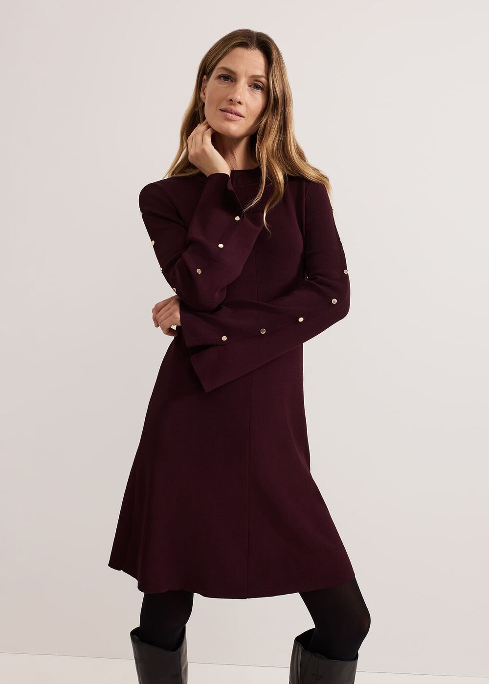Romy Studd Sleeve Knit Shift Dress Burgundy