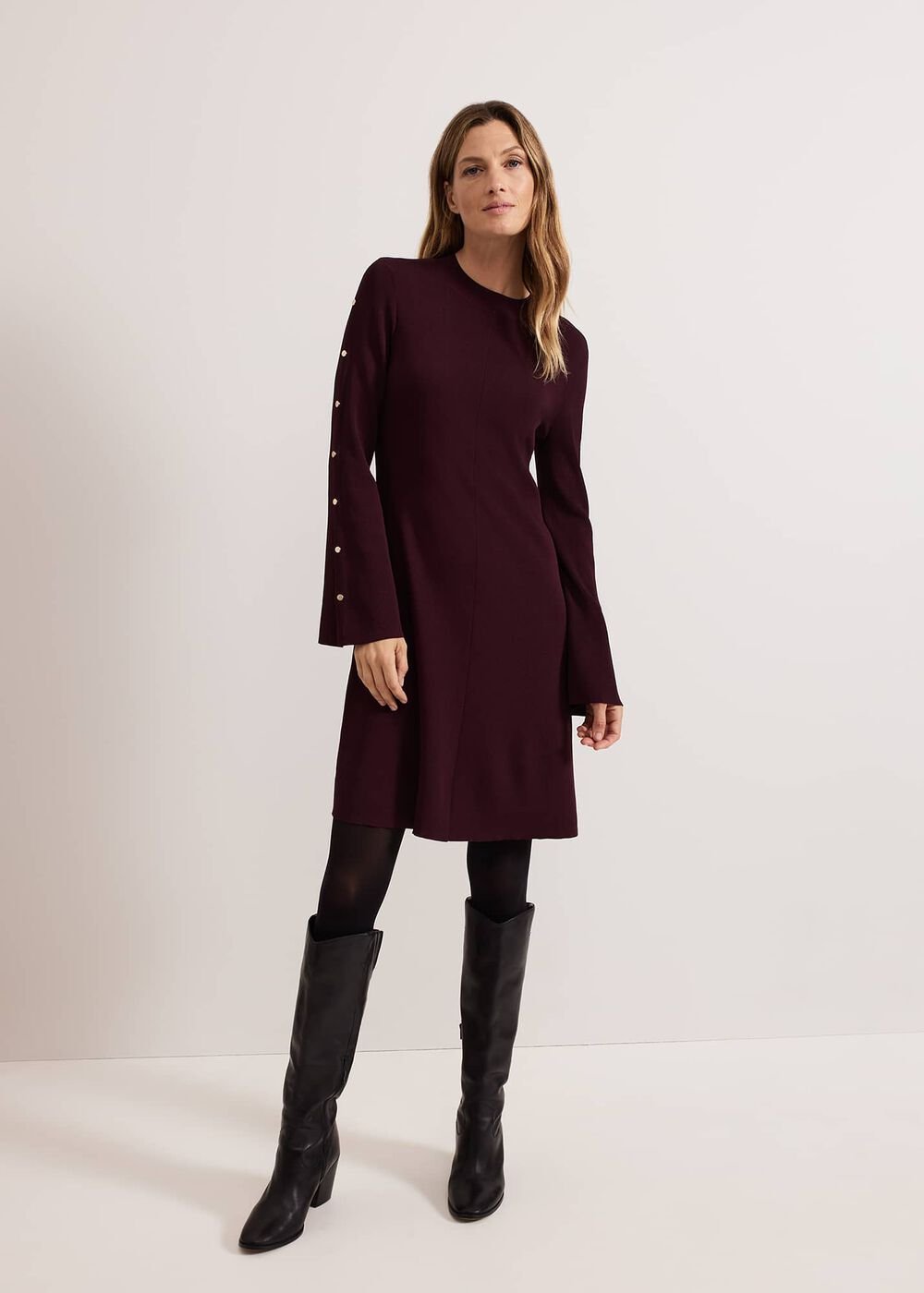 Romy Studd Sleeve Knit Shift Dress Burgundy