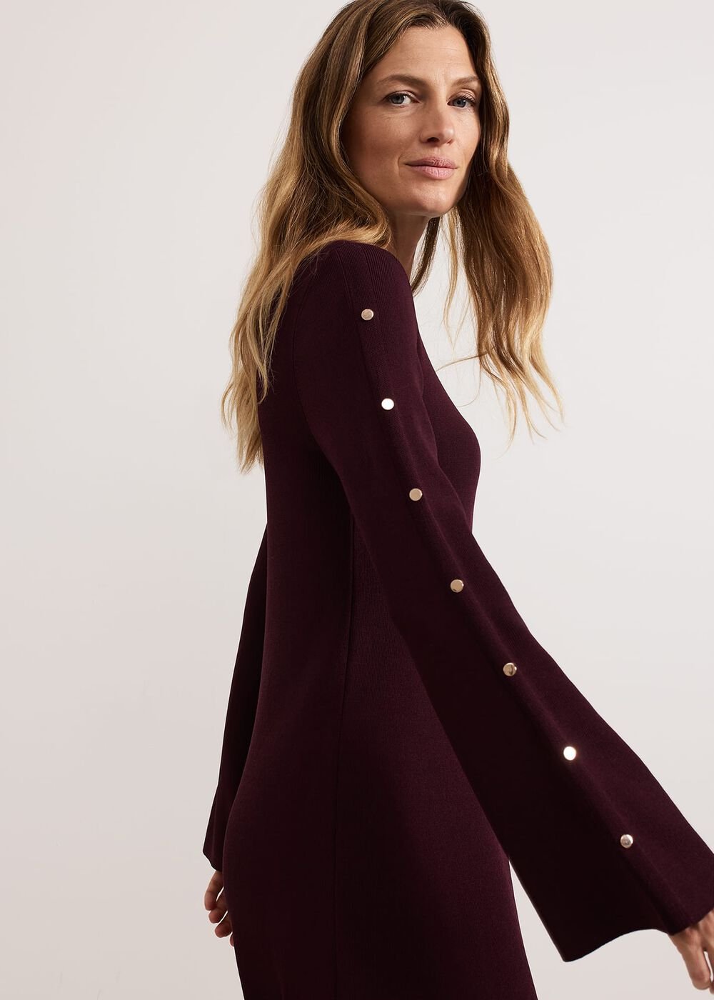 Romy Studd Sleeve Knit Shift Dress Burgundy