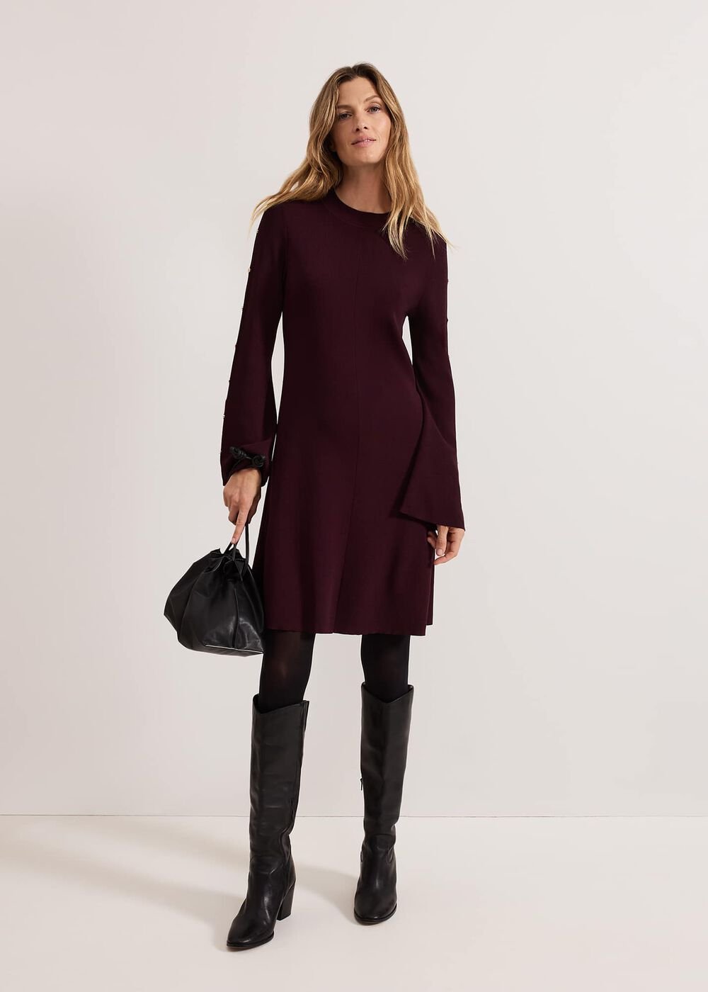 Romy Studd Sleeve Knit Shift Dress Burgundy