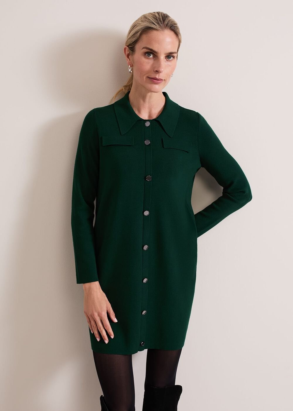 Azealia Fine Knit Collared Tunic Dress Green