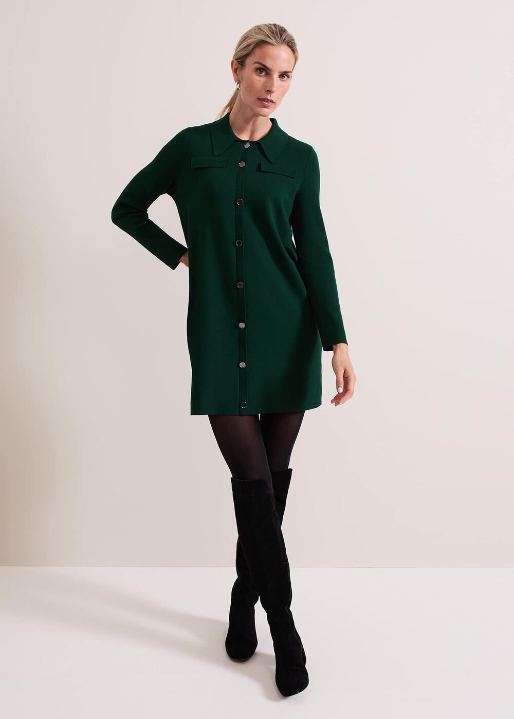Azealia Fine Knit Collared Tunic Dress Green