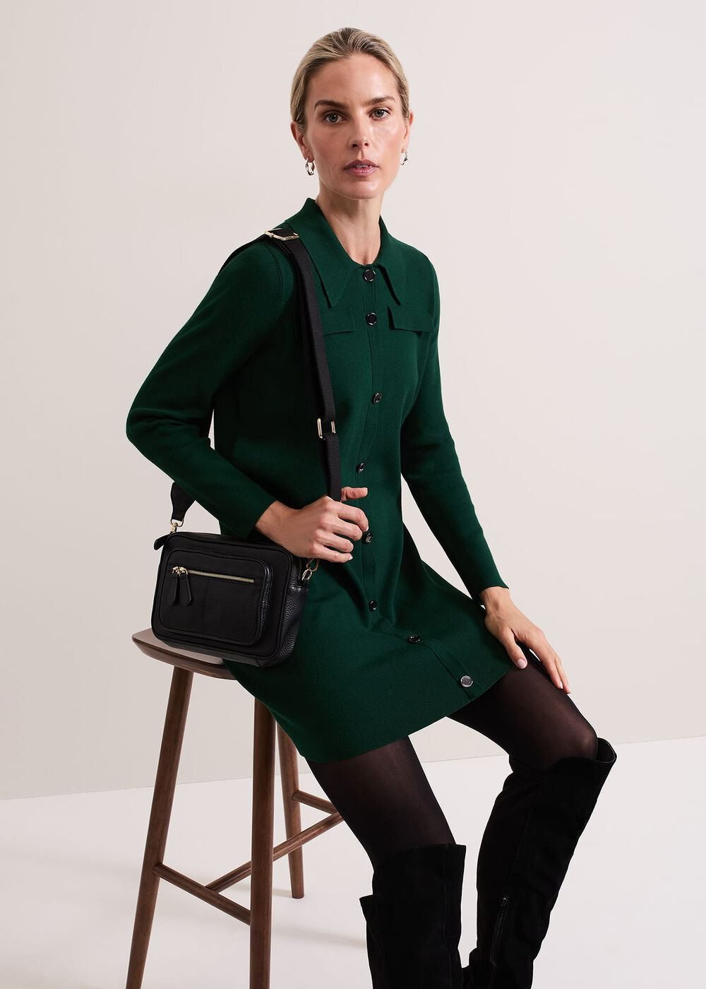 Azealia Fine Knit Collared Tunic Dress Green