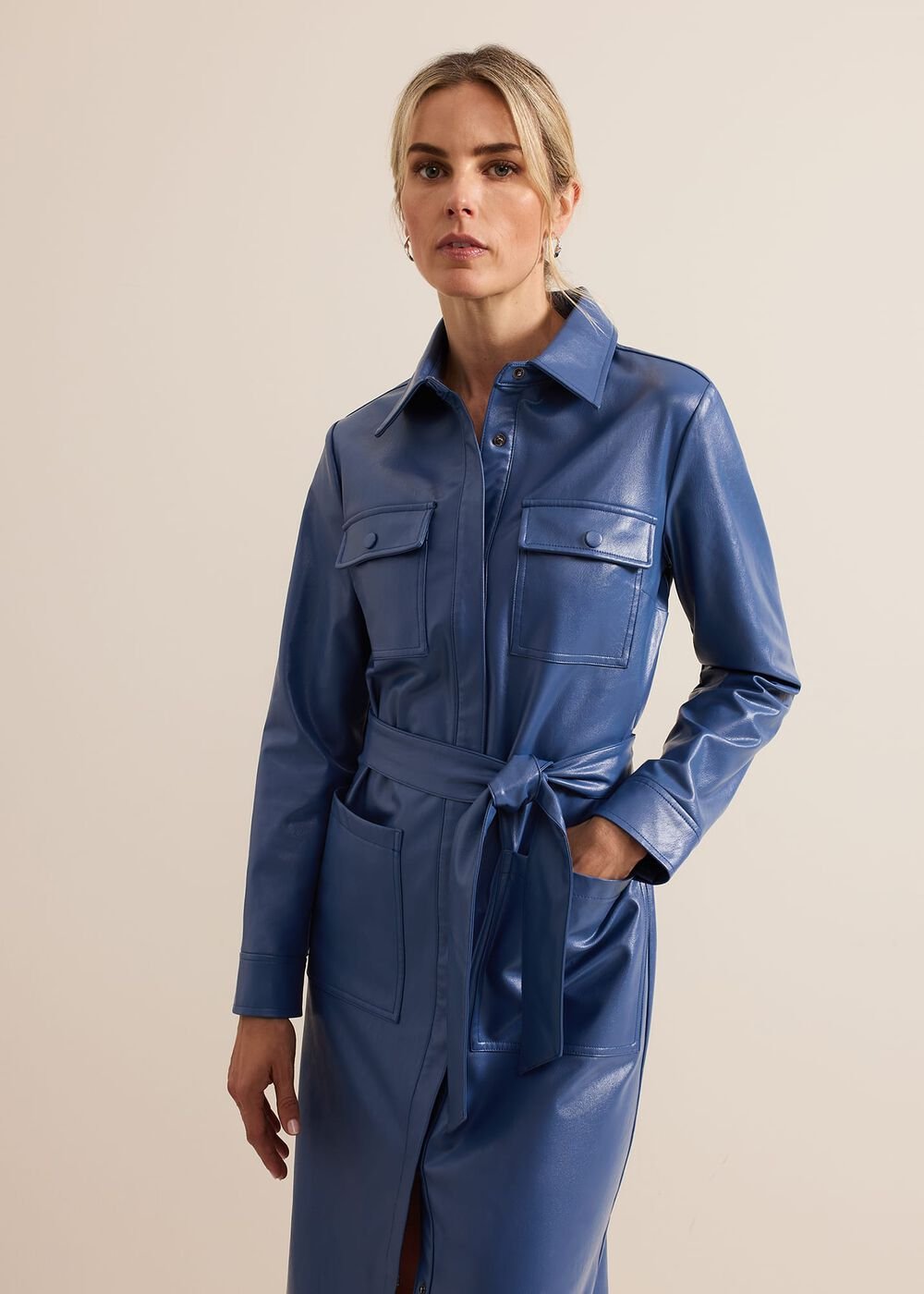Dila Blue Faux Leather Midi Dress Blue