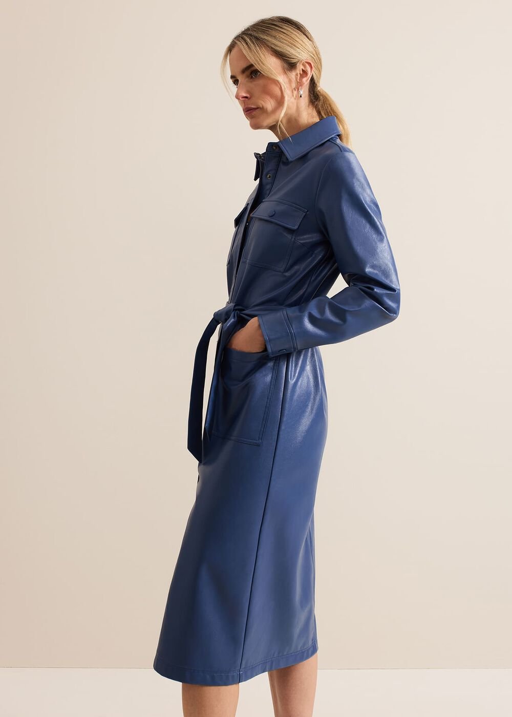 Dila Blue Faux Leather Midi Dress Blue