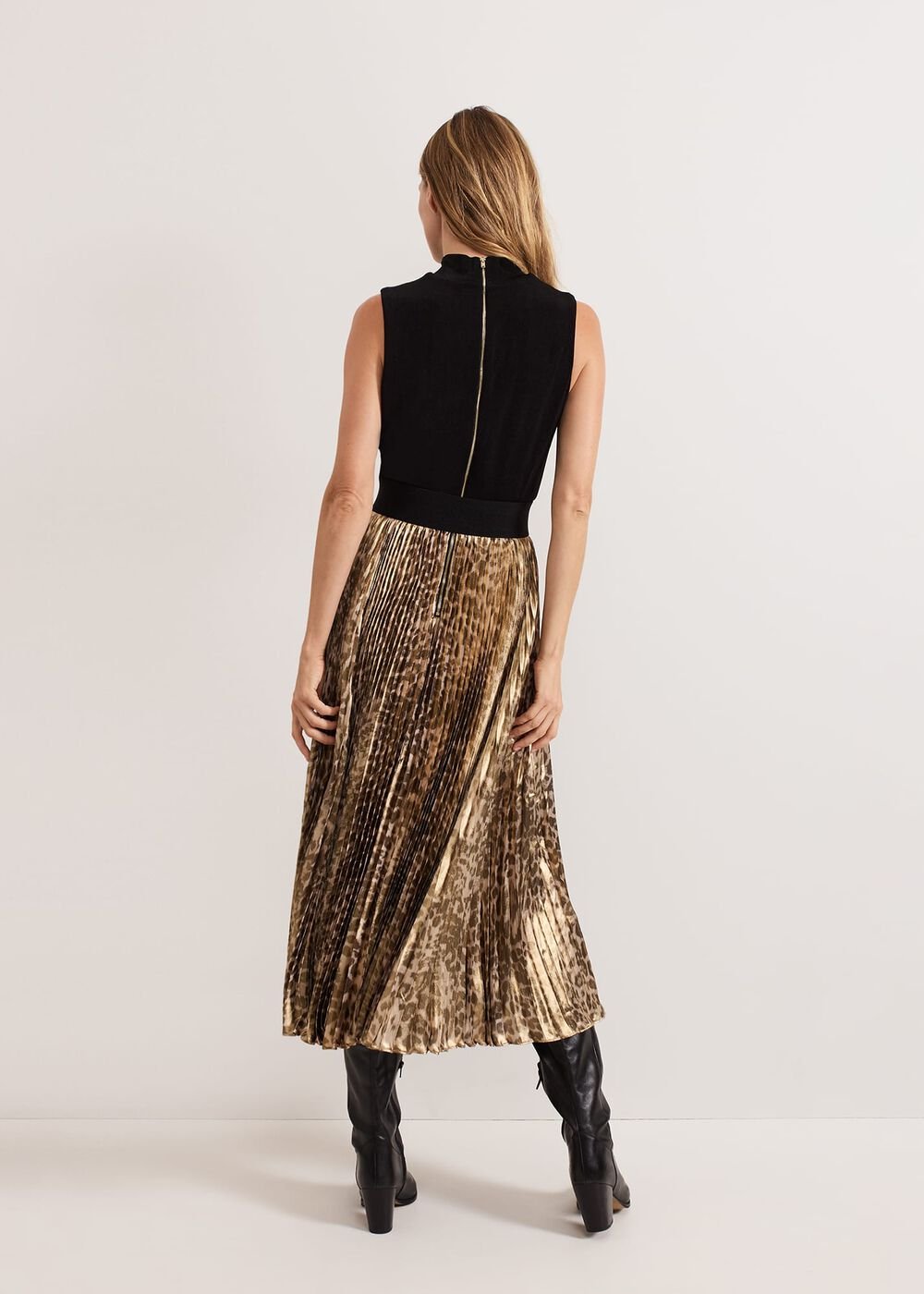 Meloni Jersey Leopard Pleat Midi Dress Black Multi