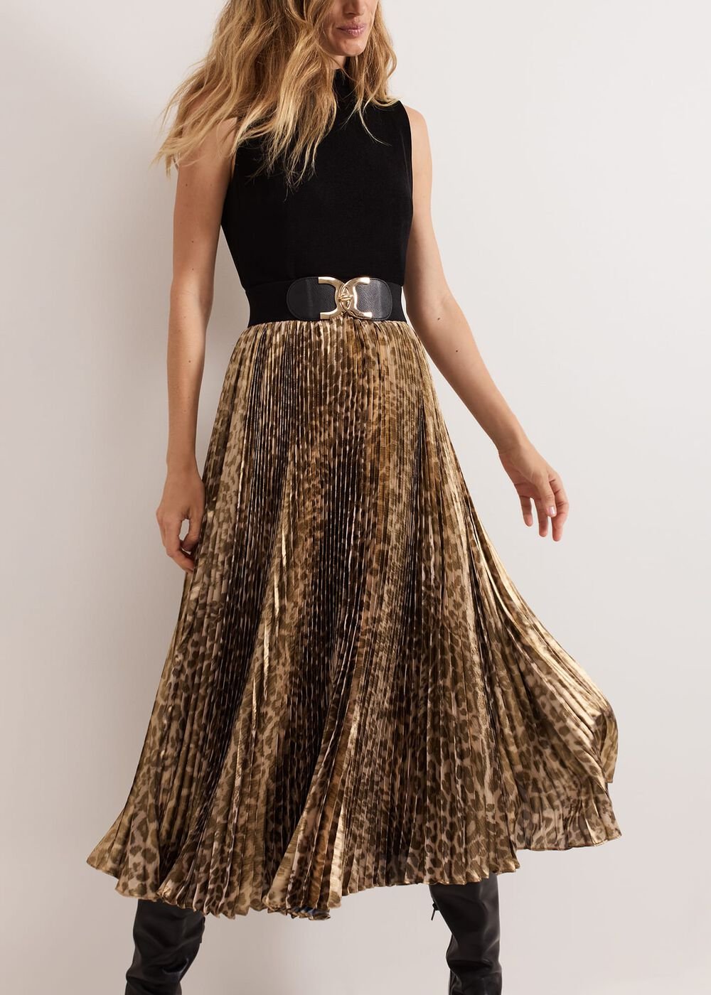 Meloni Jersey Leopard Pleat Midi Dress Black Multi