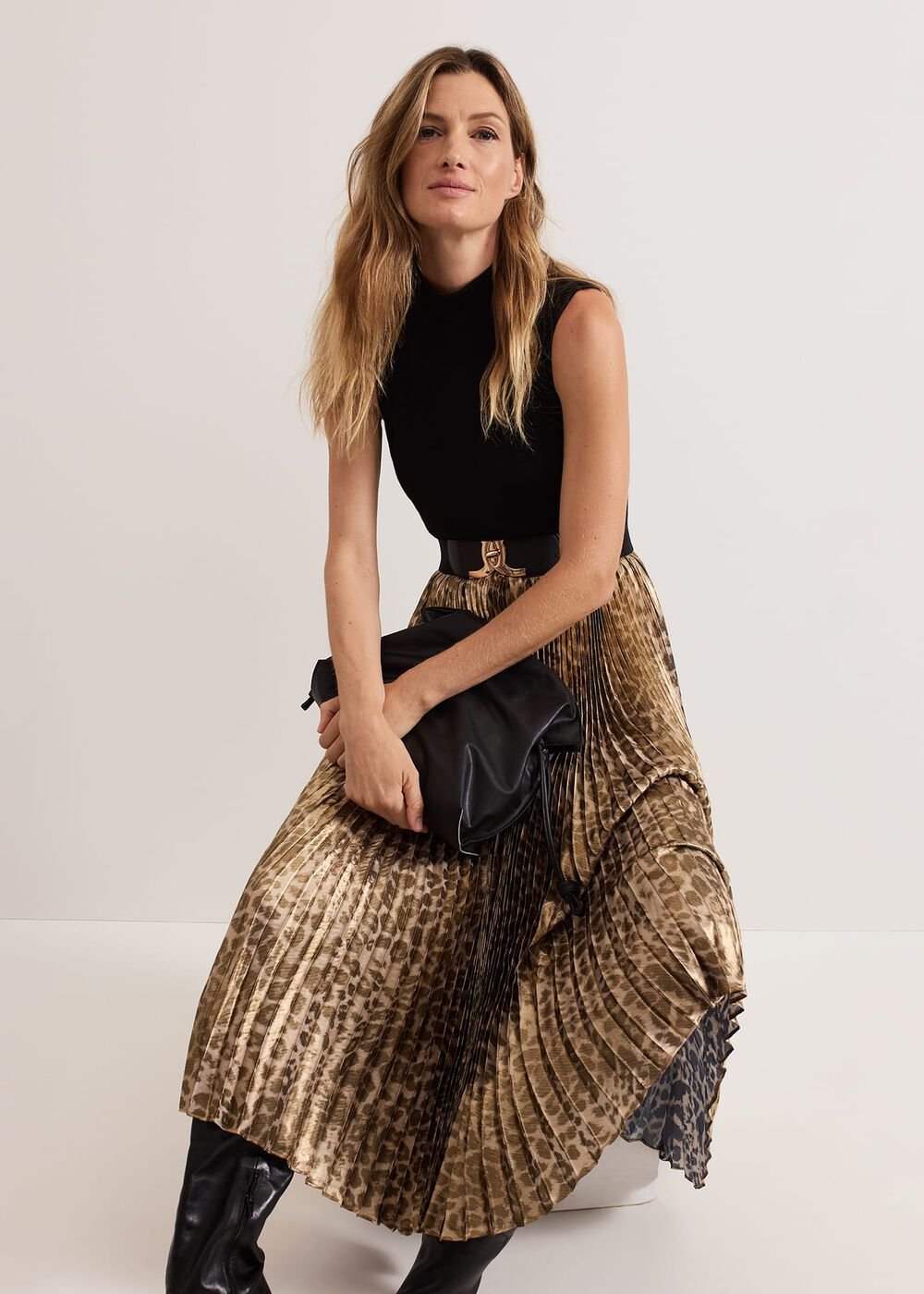 Meloni Jersey Leopard Pleat Midi Dress Black Multi