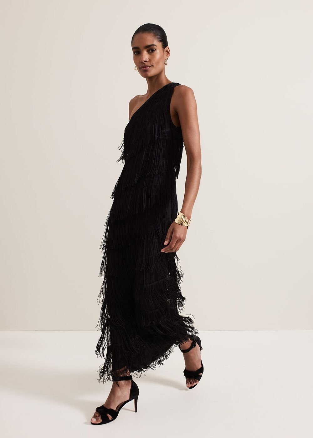 Otto One Shoulder Fringe Maxi Dress Black