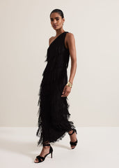 Otto One Shoulder Fringe Maxi Dress Black