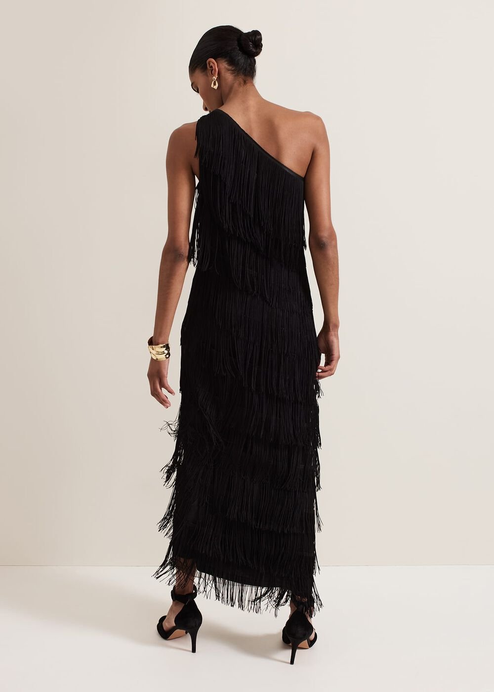 Otto One Shoulder Fringe Maxi Dress Black