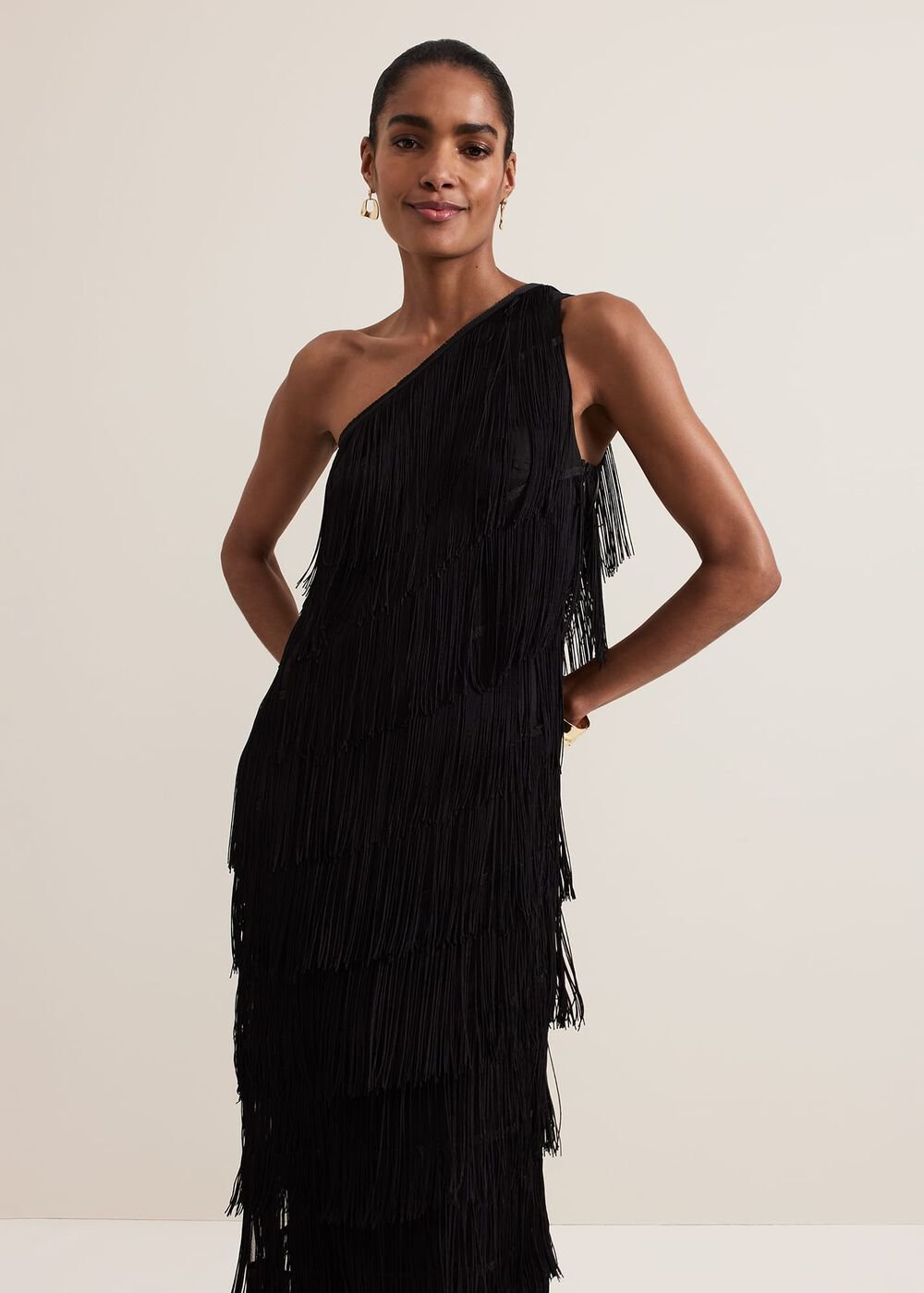 Otto One Shoulder Fringe Maxi Dress Black