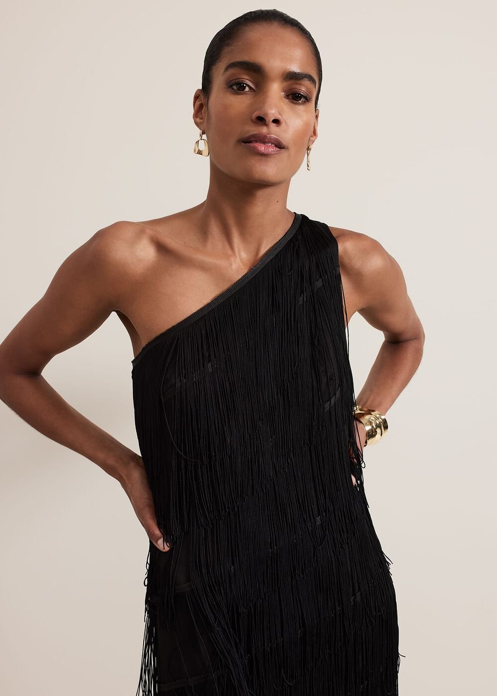 Otto One Shoulder Fringe Maxi Dress Black
