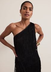 Otto One Shoulder Fringe Maxi Dress Black