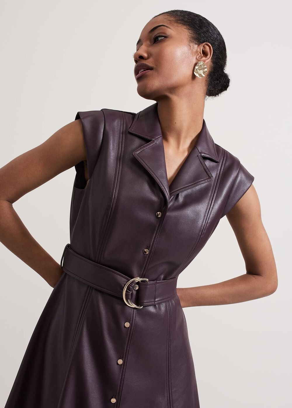 Ellie Burgundy Faux Leather Shirt Dress Burgundy