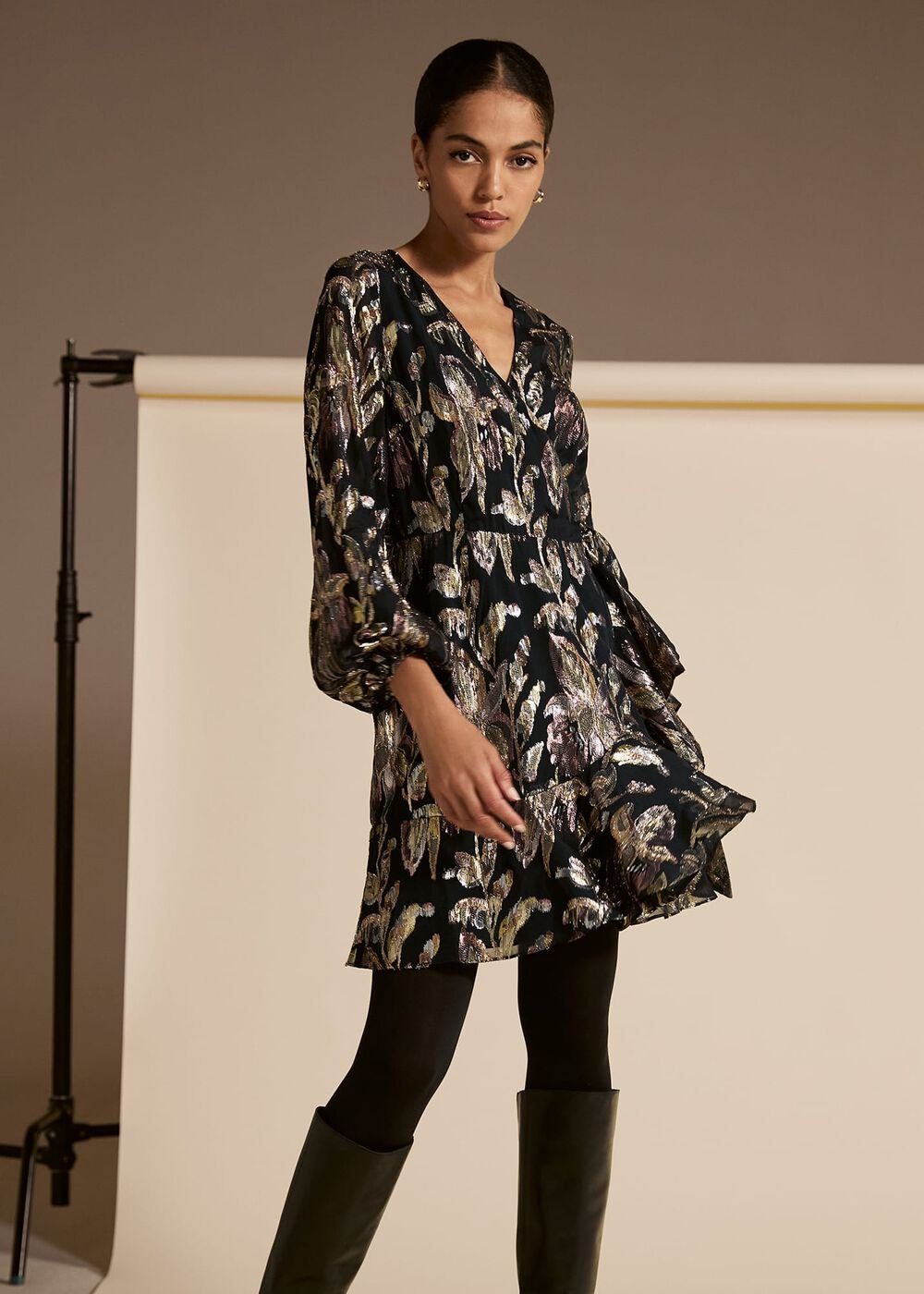 Amelia Navy Foil Wrap Dress Navy