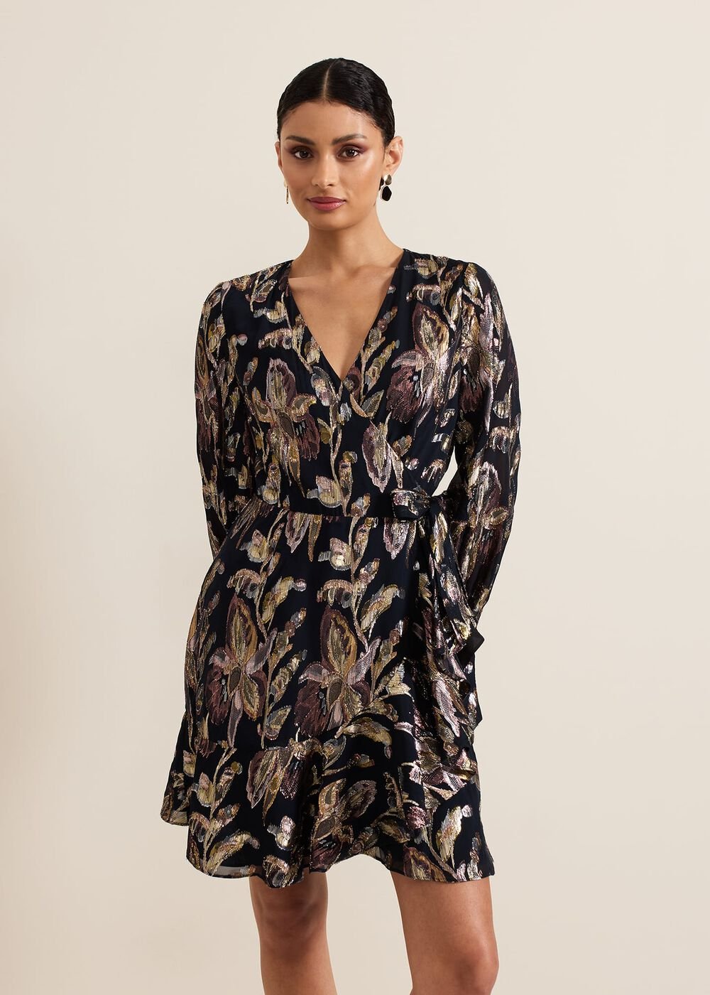 Amelia Navy Foil Wrap Dress Navy