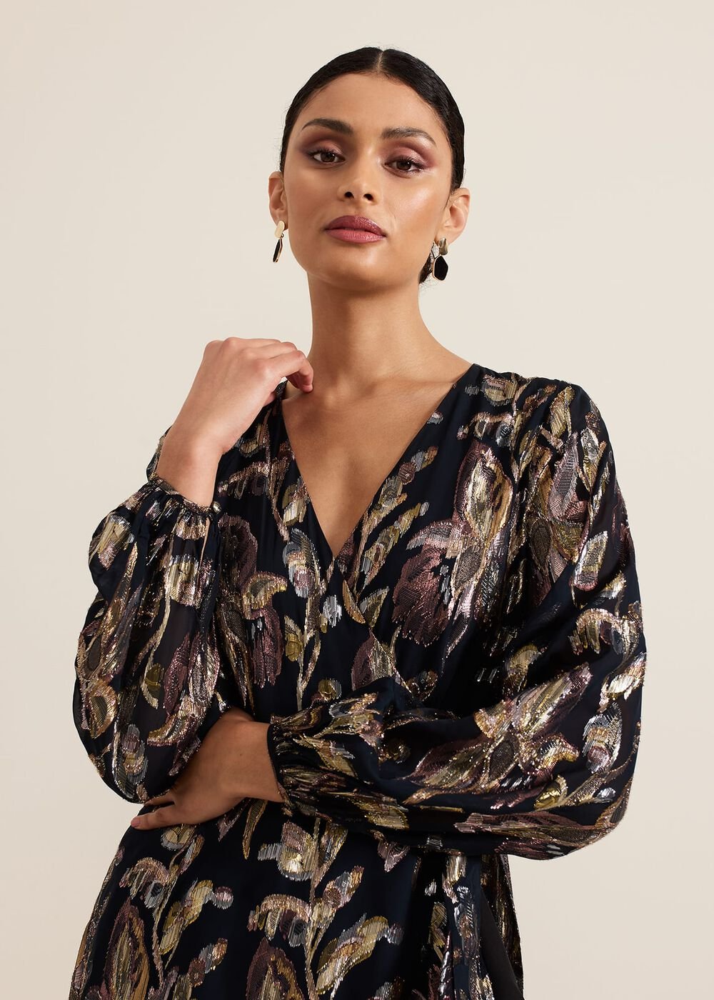 Amelia Navy Foil Wrap Dress Navy