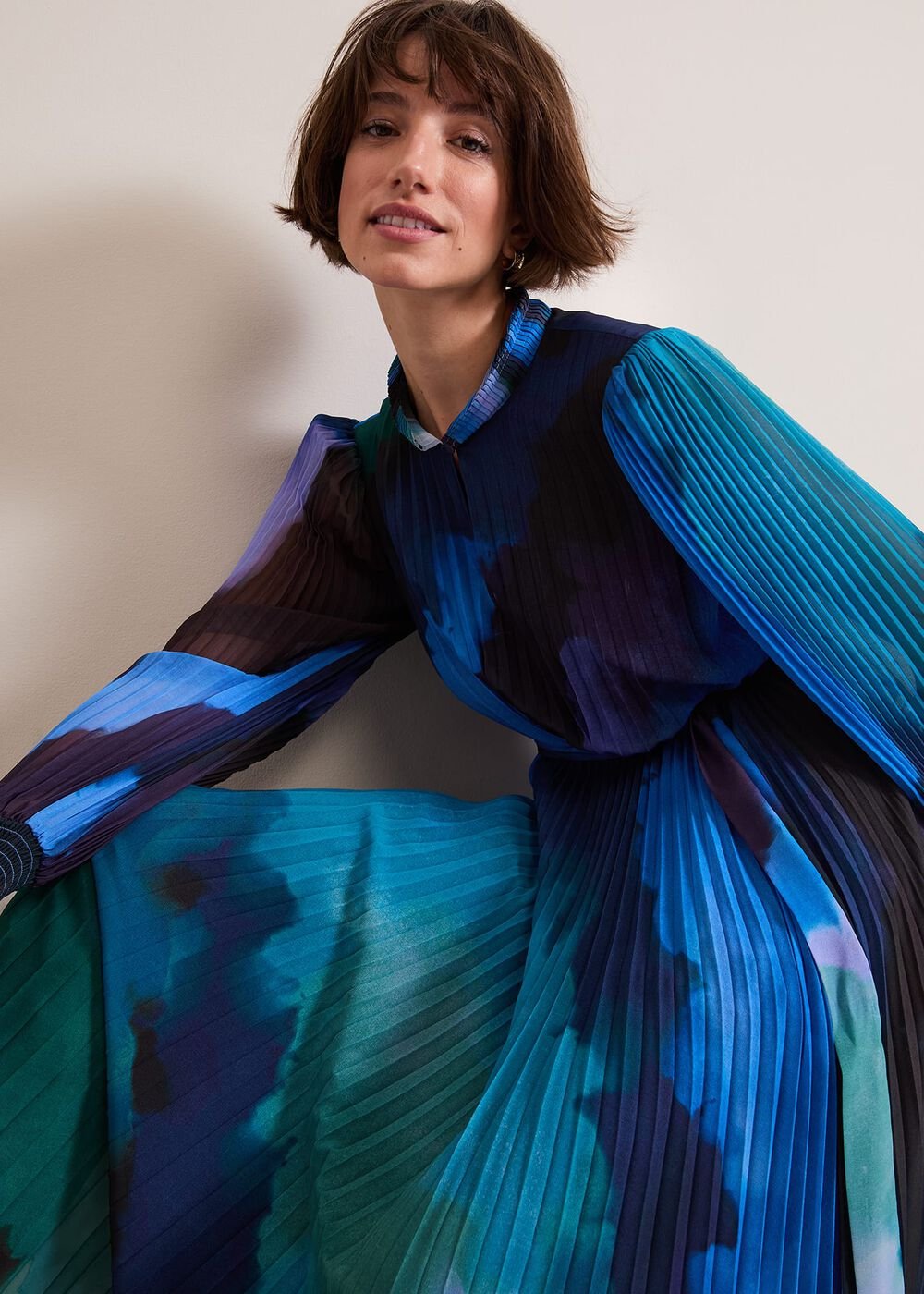 Women's Bright Blue Pleated Midi Dress Multi-Coloured